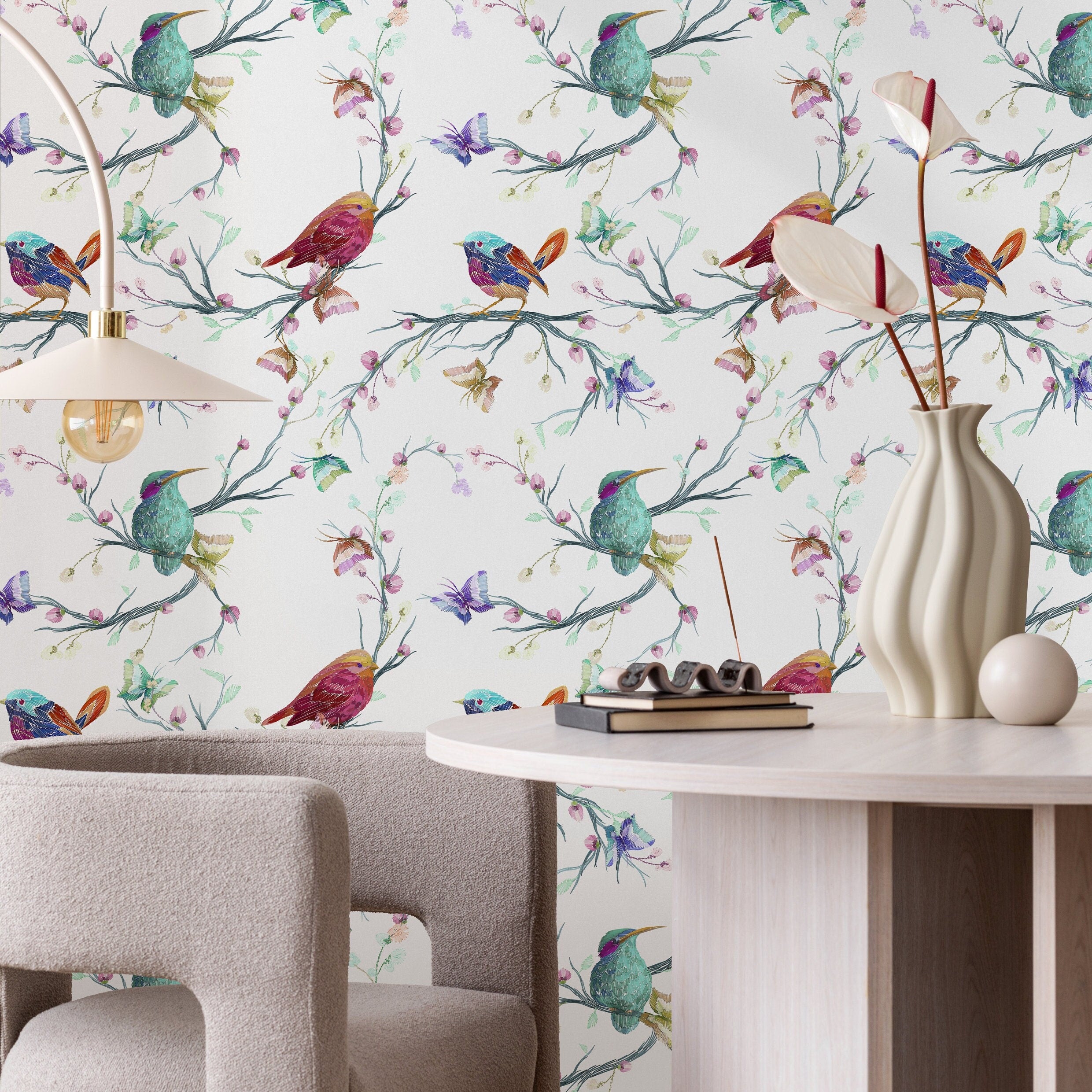 Animal Wallpaper With An Embroidered Bird Motif In Teal, Pink, And Purple - A061