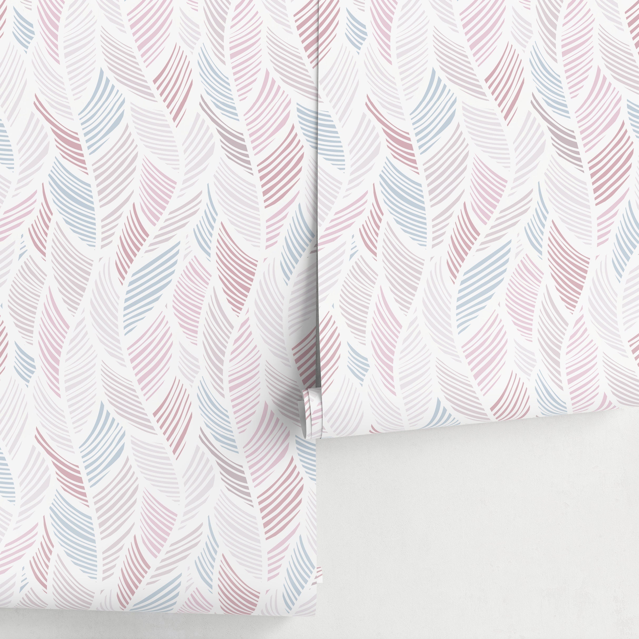 Botanical Wallpaper With Stylized Feather Motifs In Pink And Blue - A062