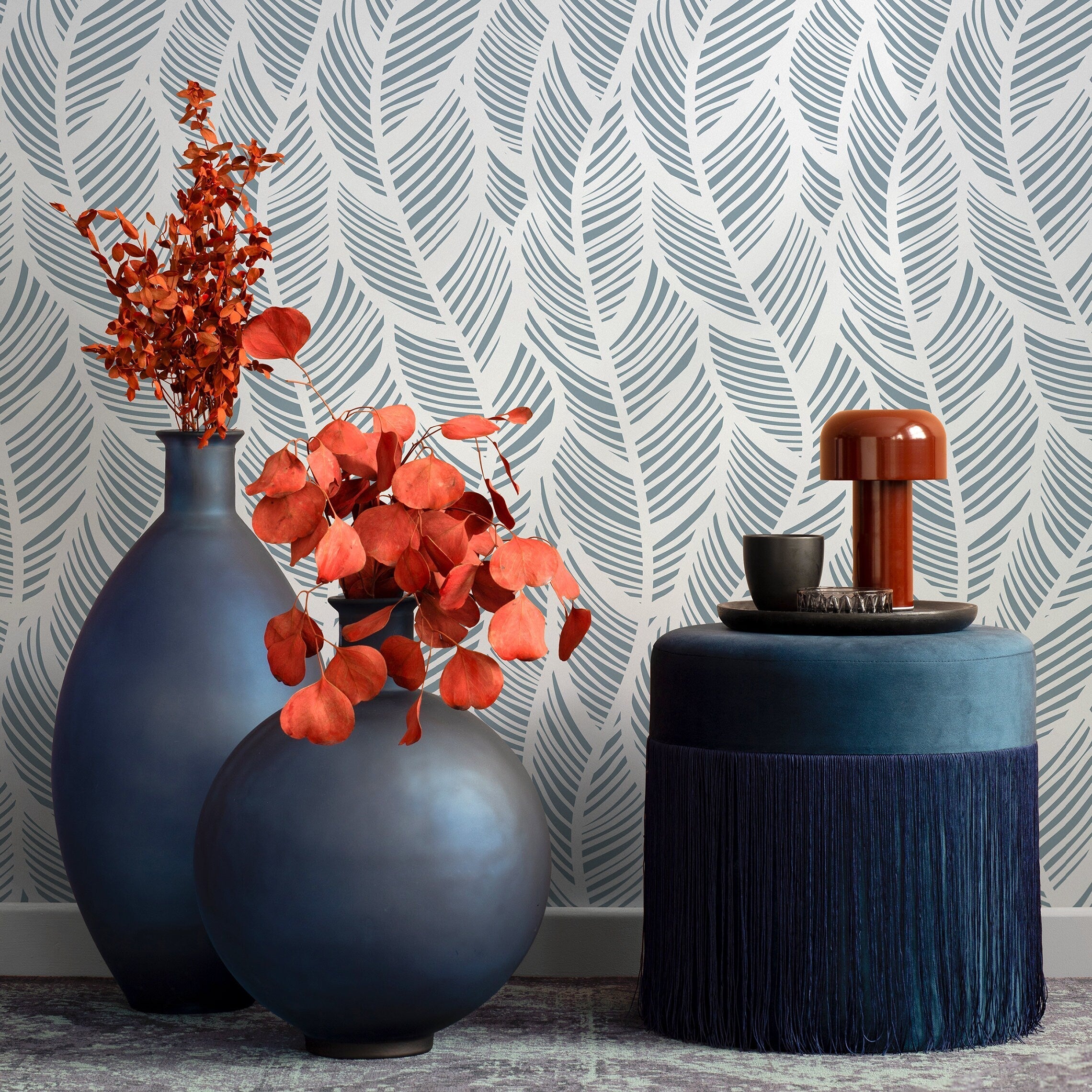 Feather Wallpaper With A Stylized Motif In Light Blue And Grey - A063