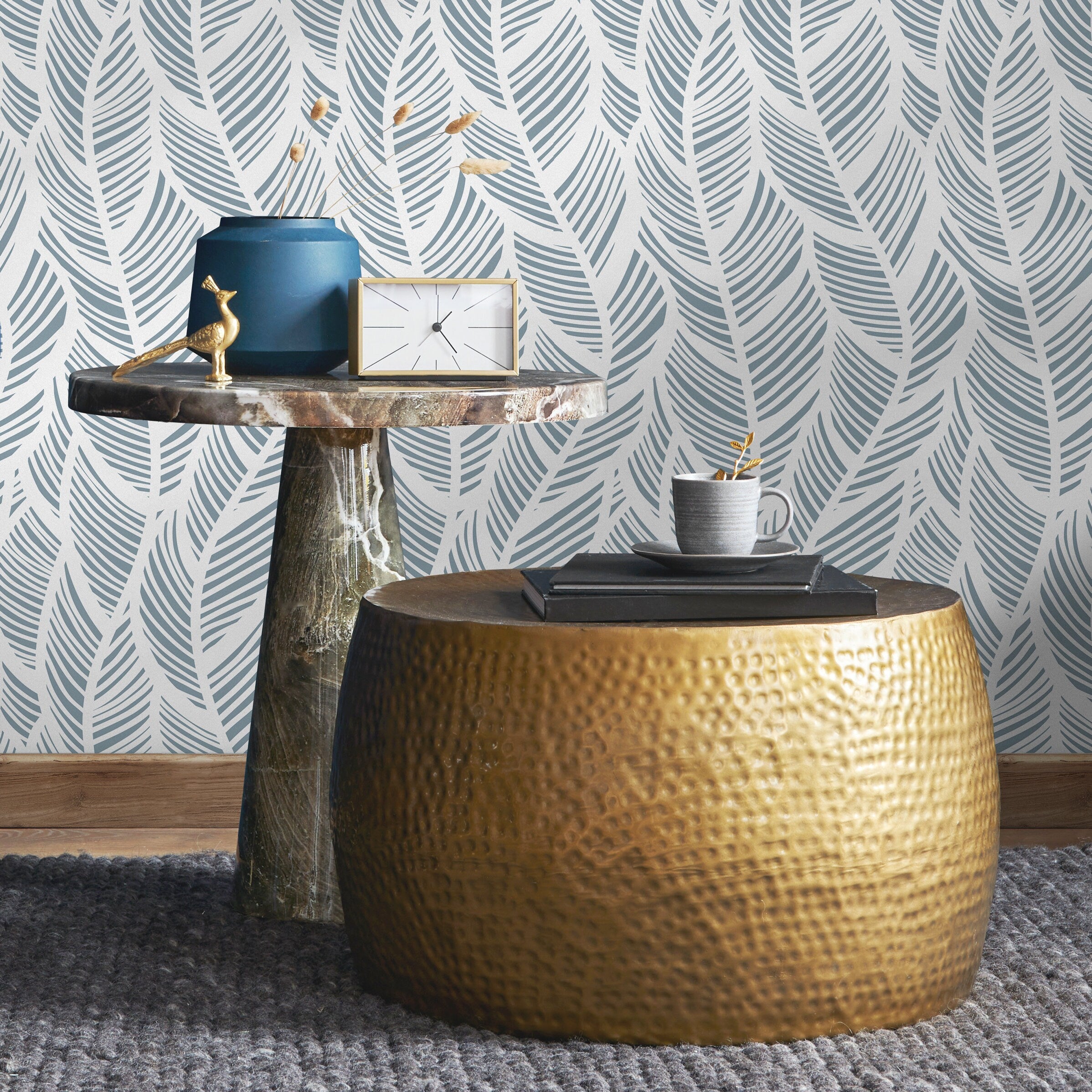 Feather Wallpaper With A Stylized Motif In Light Blue And Grey - A063
