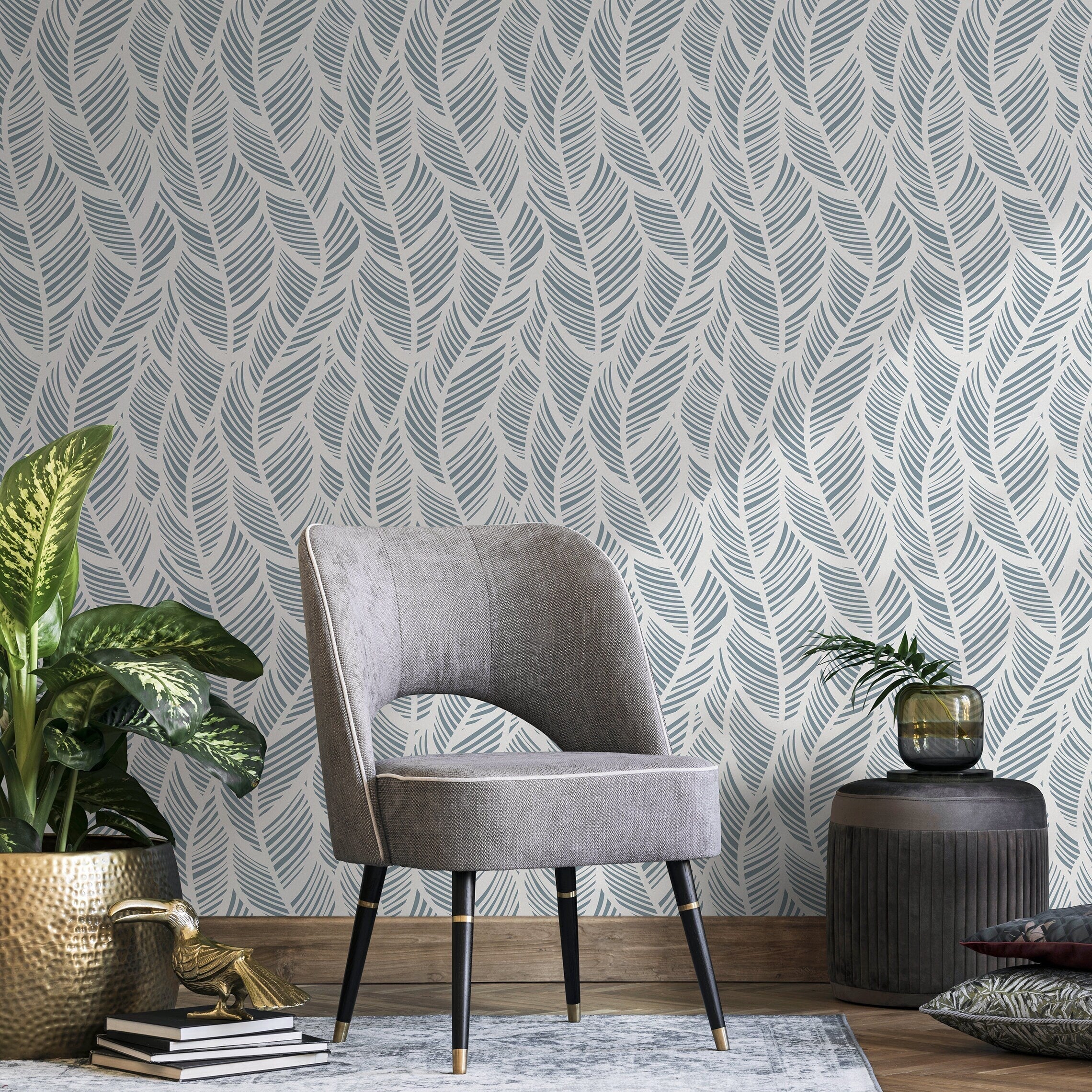 Feather Wallpaper With A Stylized Motif In Light Blue And Grey - A063