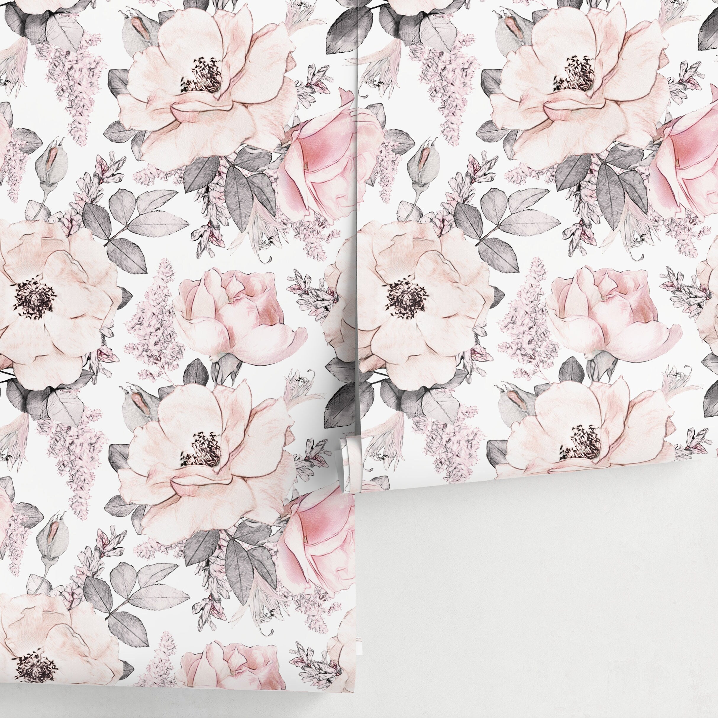 Floral Wallpaper Featuring Sketched Roses In Pink And Gray - A068