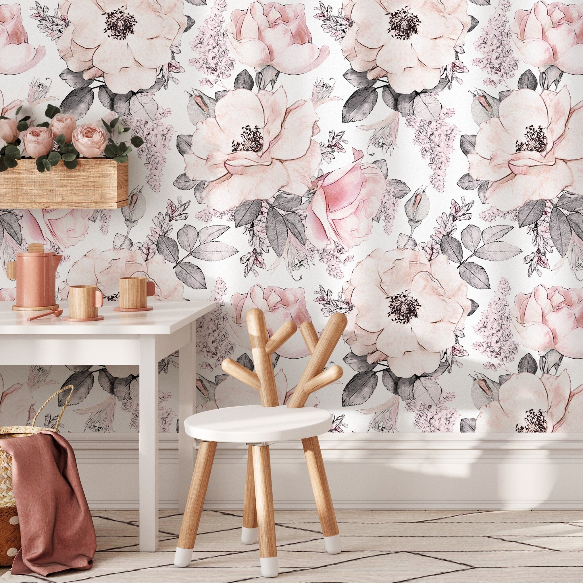 Floral Wallpaper Featuring Sketched Roses In Pink And Gray - A068