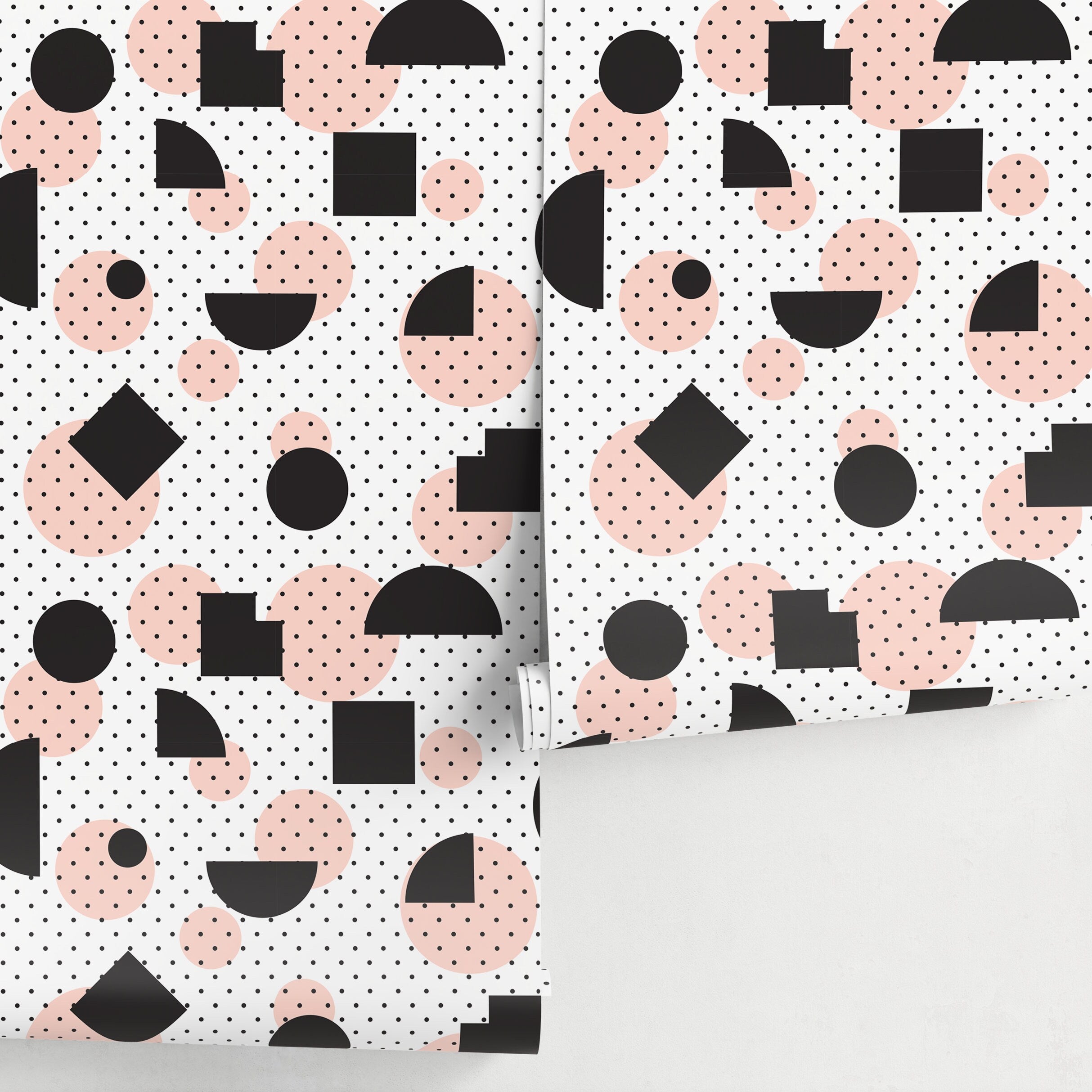 Geometric Wallpaper With Abstract Shapes And Polka Dots In Black And Pink - A075