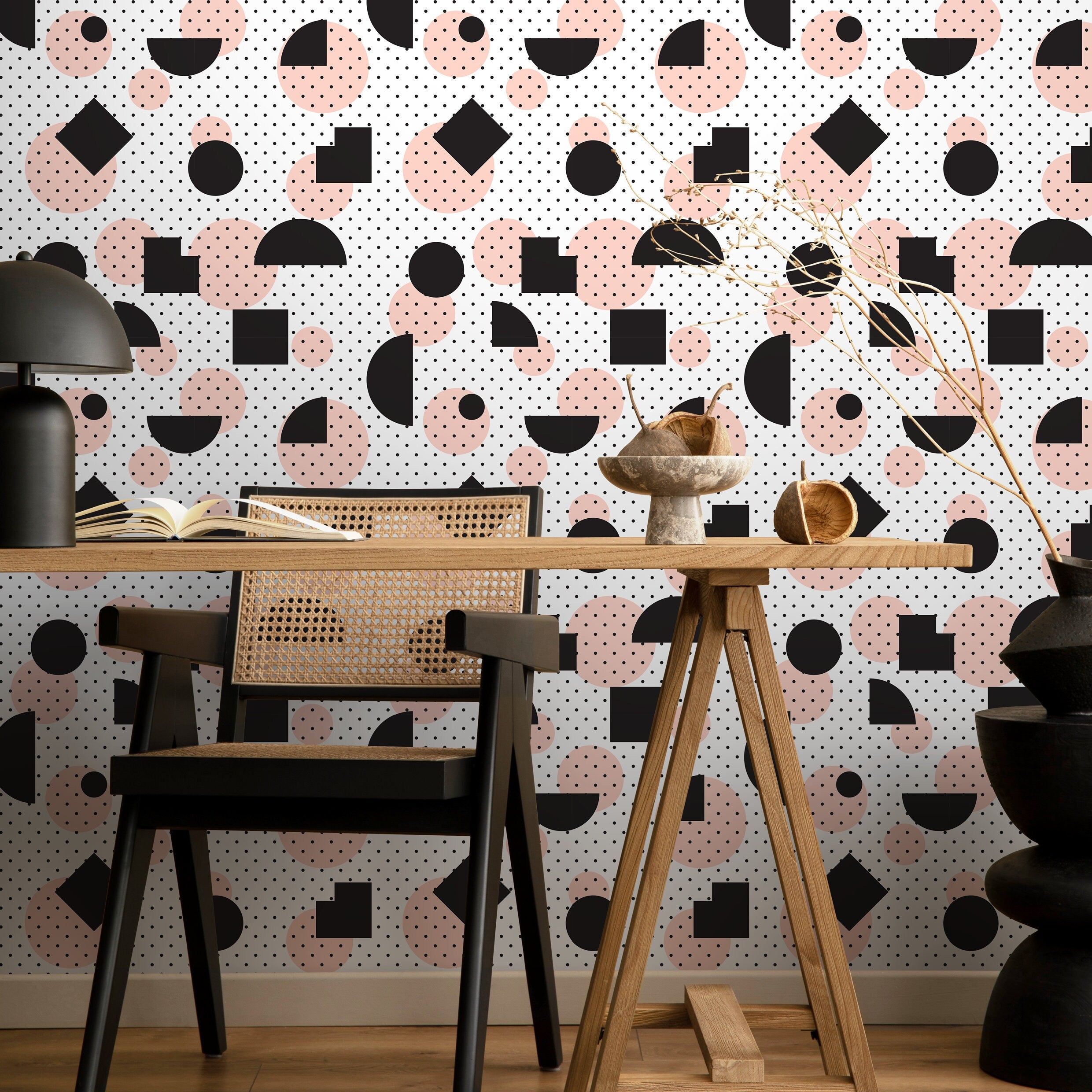 Geometric Wallpaper With Abstract Shapes And Polka Dots In Black And Pink - A075