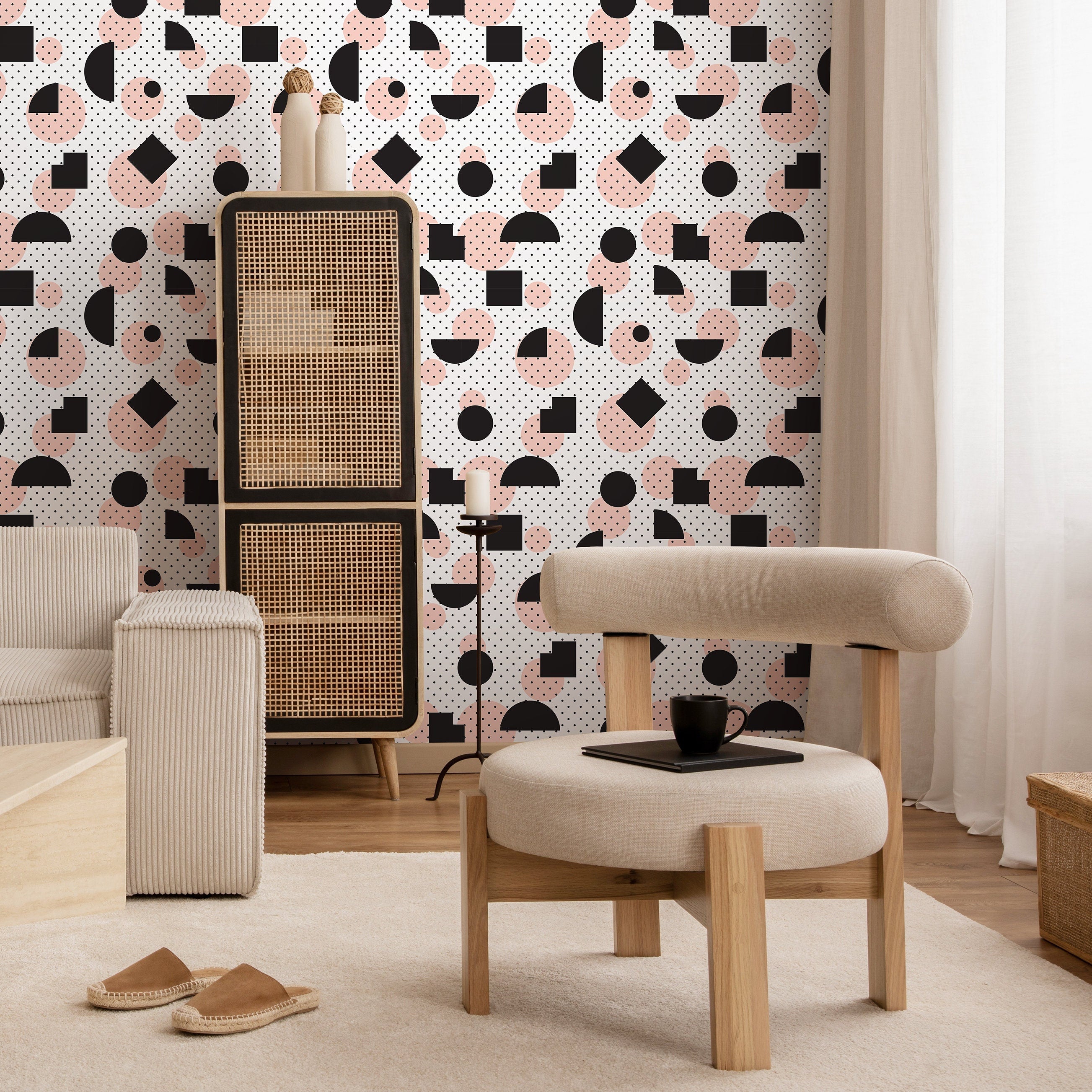 Geometric Wallpaper With Abstract Shapes And Polka Dots In Black And Pink - A075