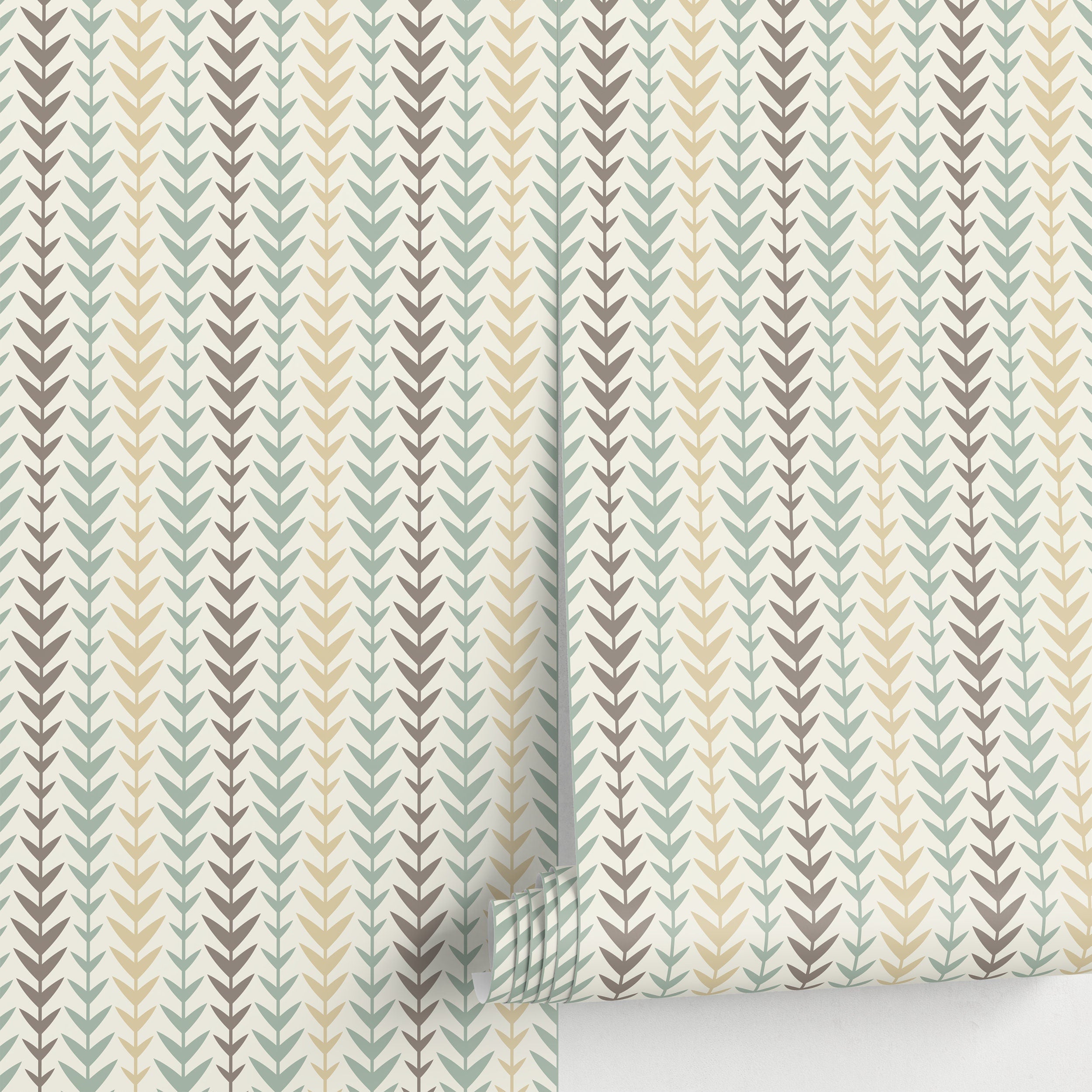 Geometric Wallpaper With A Leaf Motif In Green, Brown, And Beige - A079
