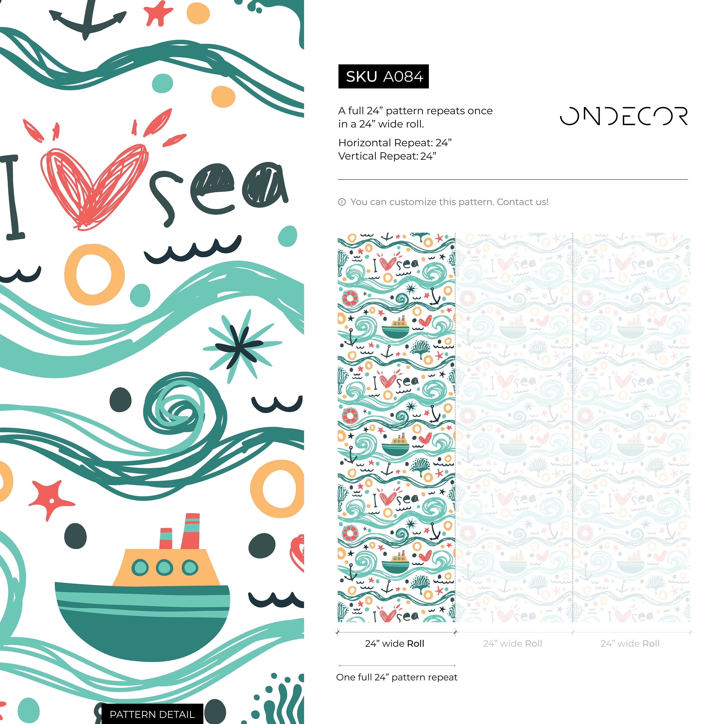 Kids Wallpaper With A Hand-drawn Ocean Motif In Teal, Red, And Yellow - A084