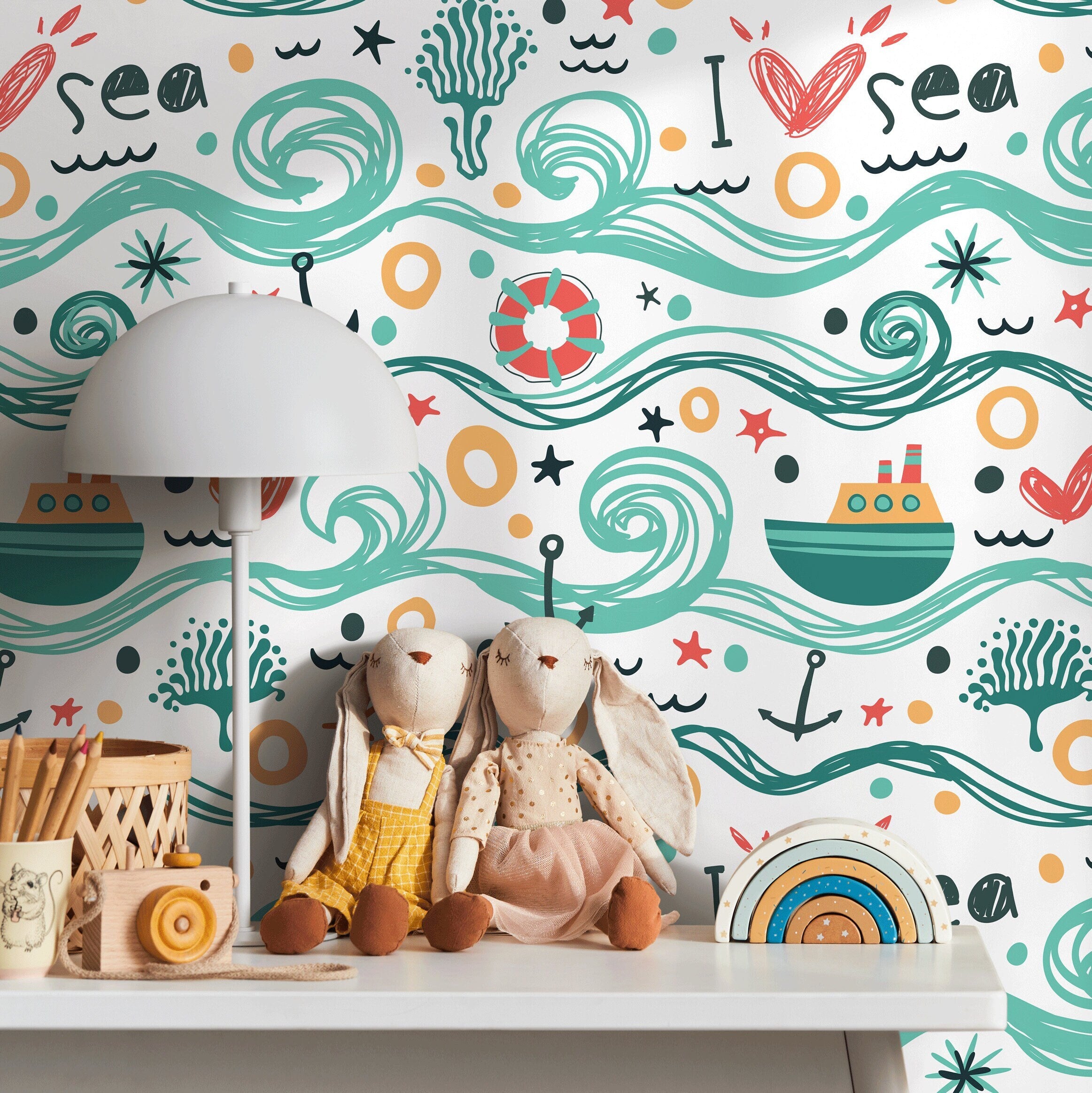 Kids Wallpaper With A Hand-drawn Ocean Motif In Teal, Red, And Yellow - A084