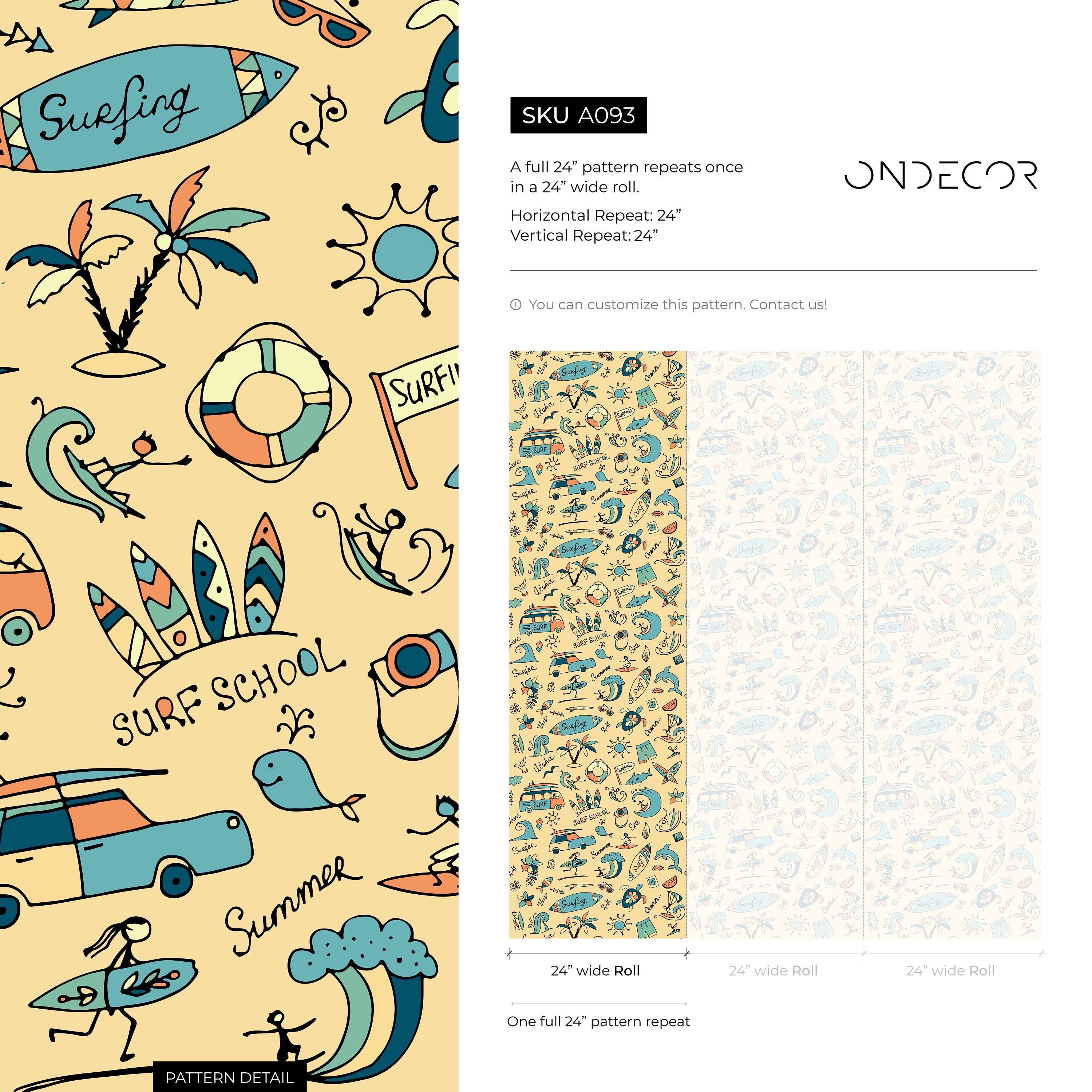 Kids Wallpaper With Hand-drawn Surf Doodles In Blue, Orange, And Beige - A093