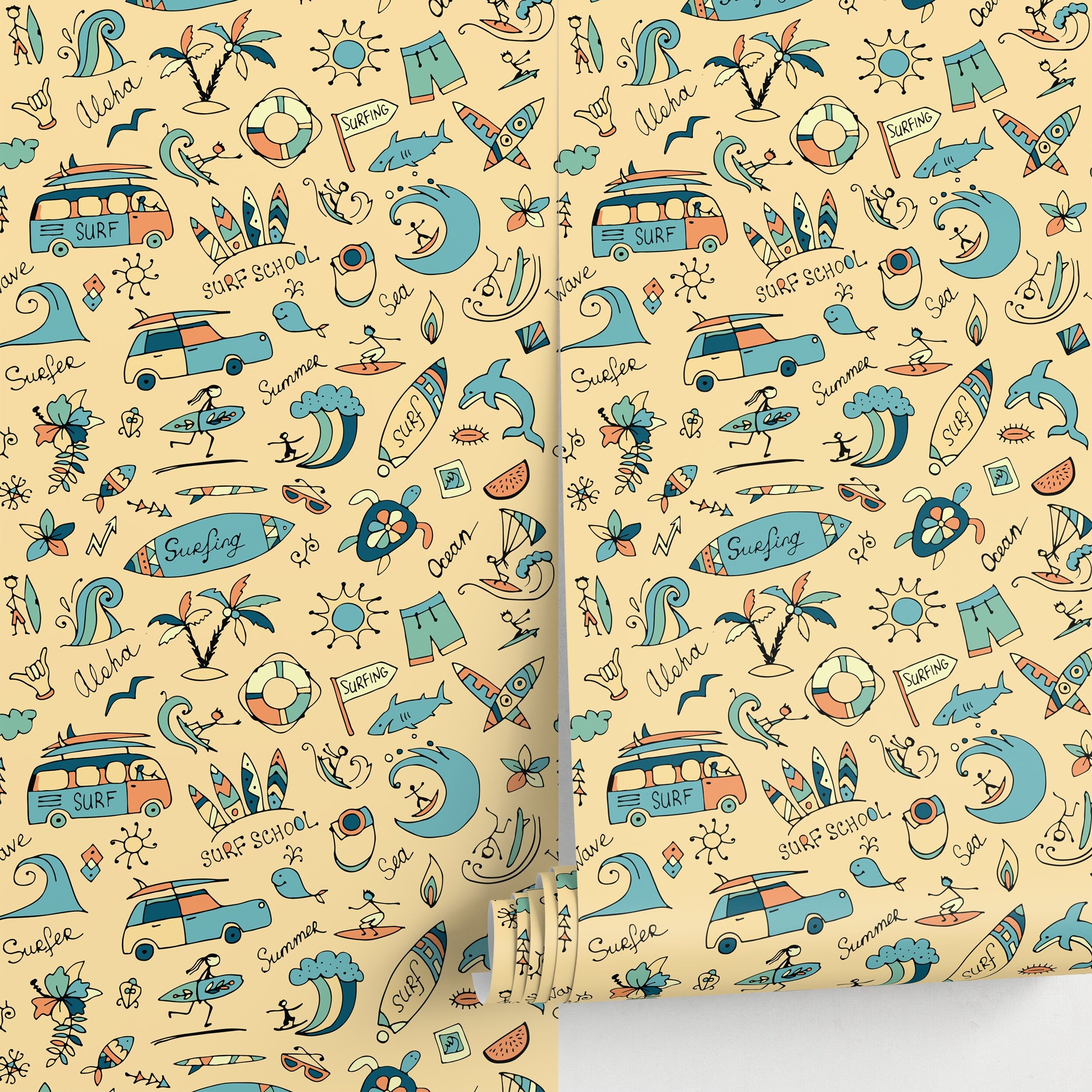 Kids Wallpaper With Hand-drawn Surf Doodles In Blue, Orange, And Beige - A093