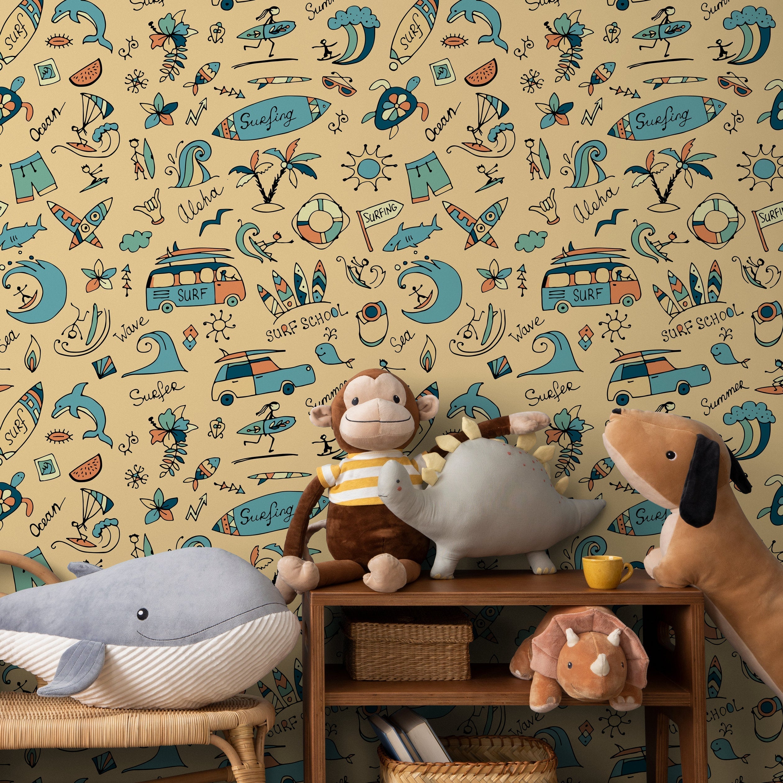 Kids Wallpaper With Hand-drawn Surf Doodles In Blue, Orange, And Beige - A093
