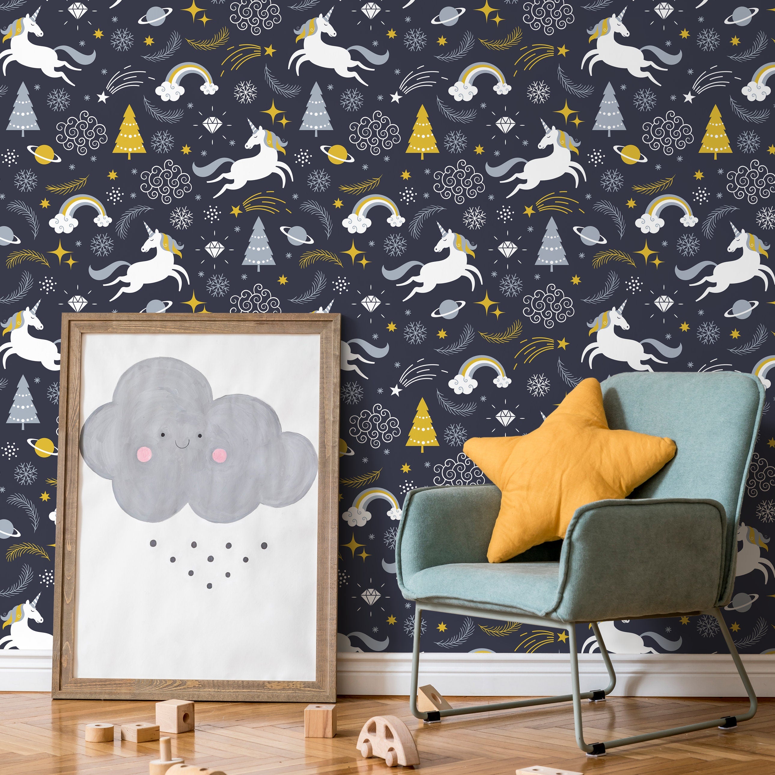 Whimsical Wallpaper With Unicorns And Planets In Navy, Yellow, And Gray - A094