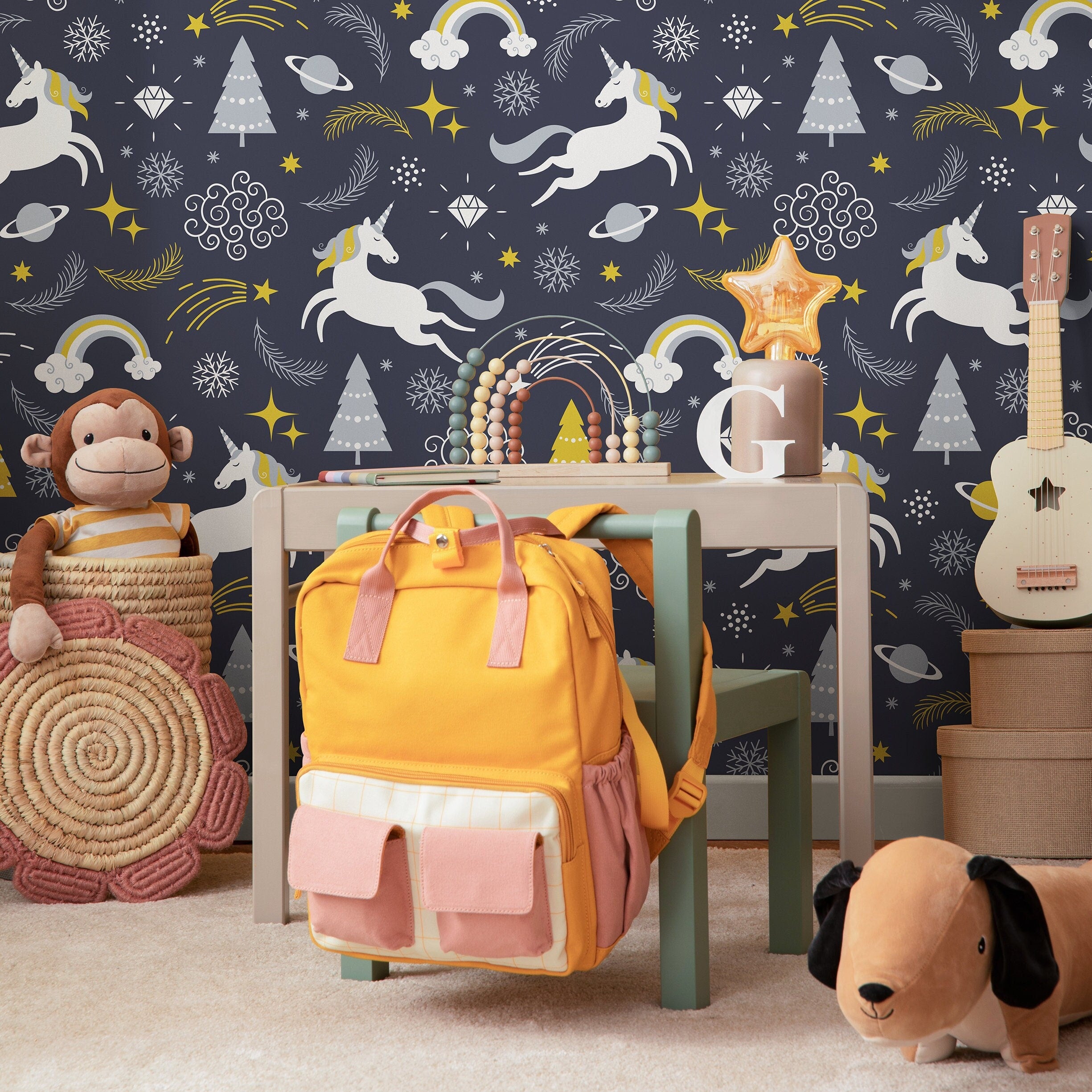 Whimsical Wallpaper With Unicorns And Planets In Navy, Yellow, And Gray - A094