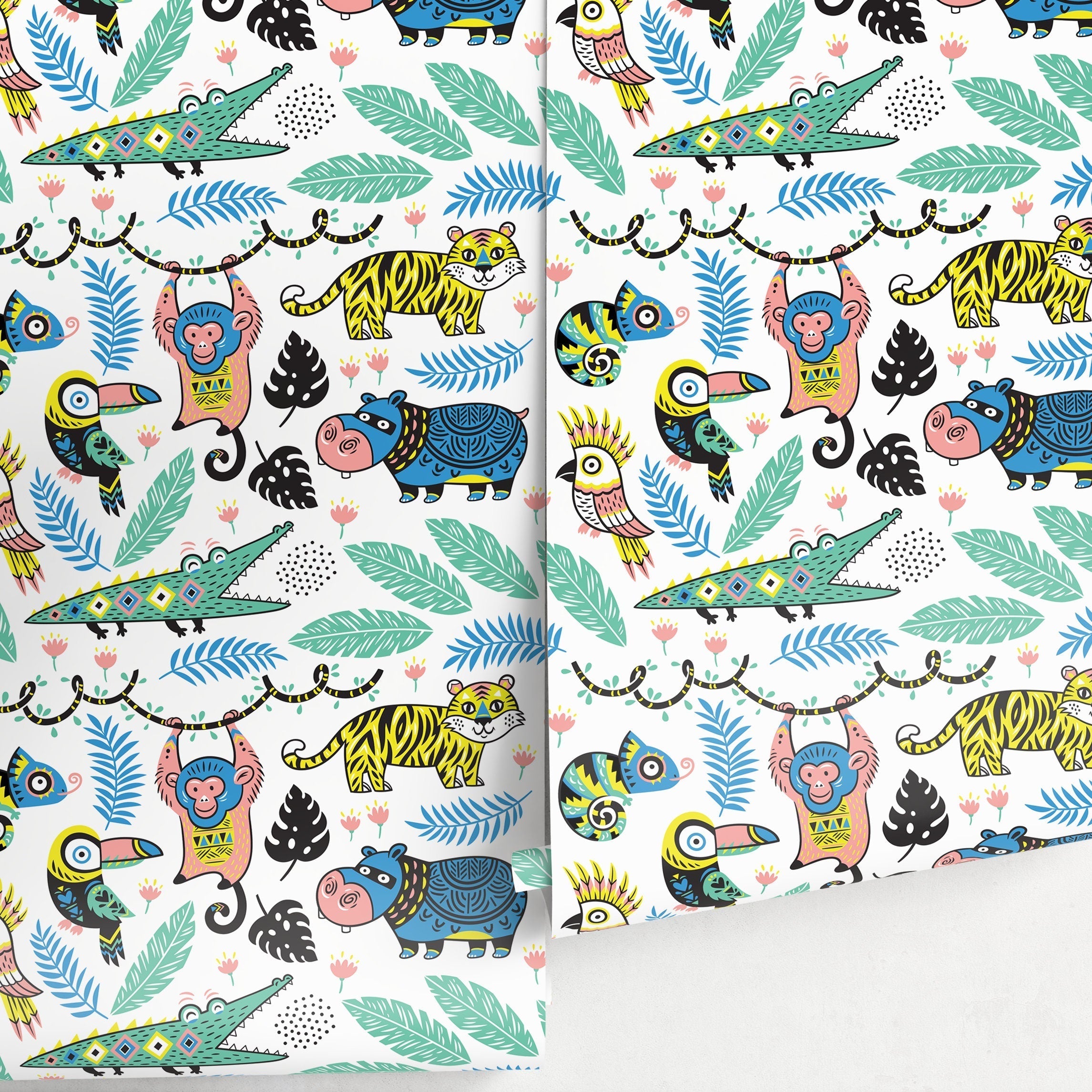 Jungle Wallpaper Featuring Cartoon Jungle Animals In Yellow, Blue, And Green - A095