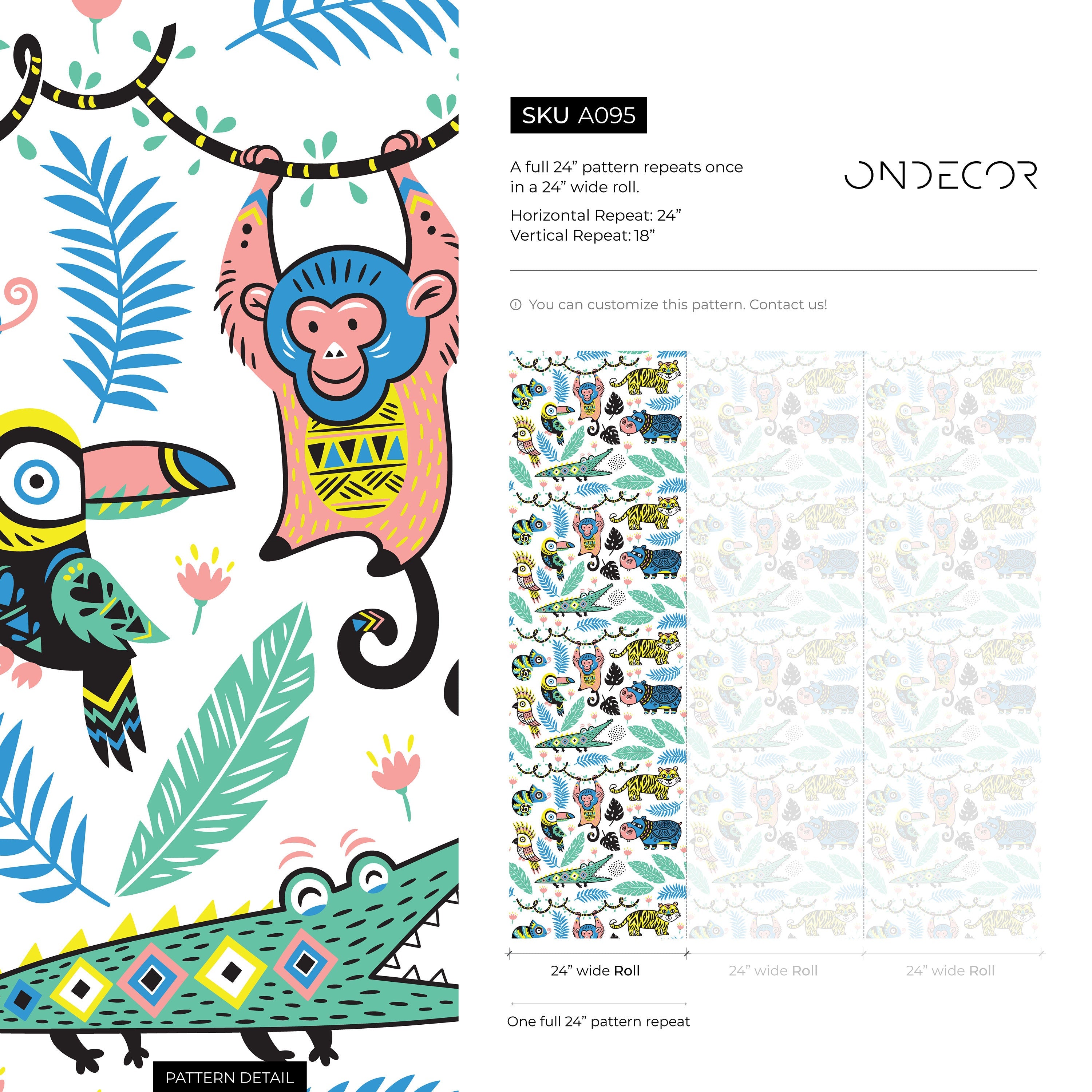 Jungle Wallpaper Featuring Cartoon Jungle Animals In Yellow, Blue, And Green - A095