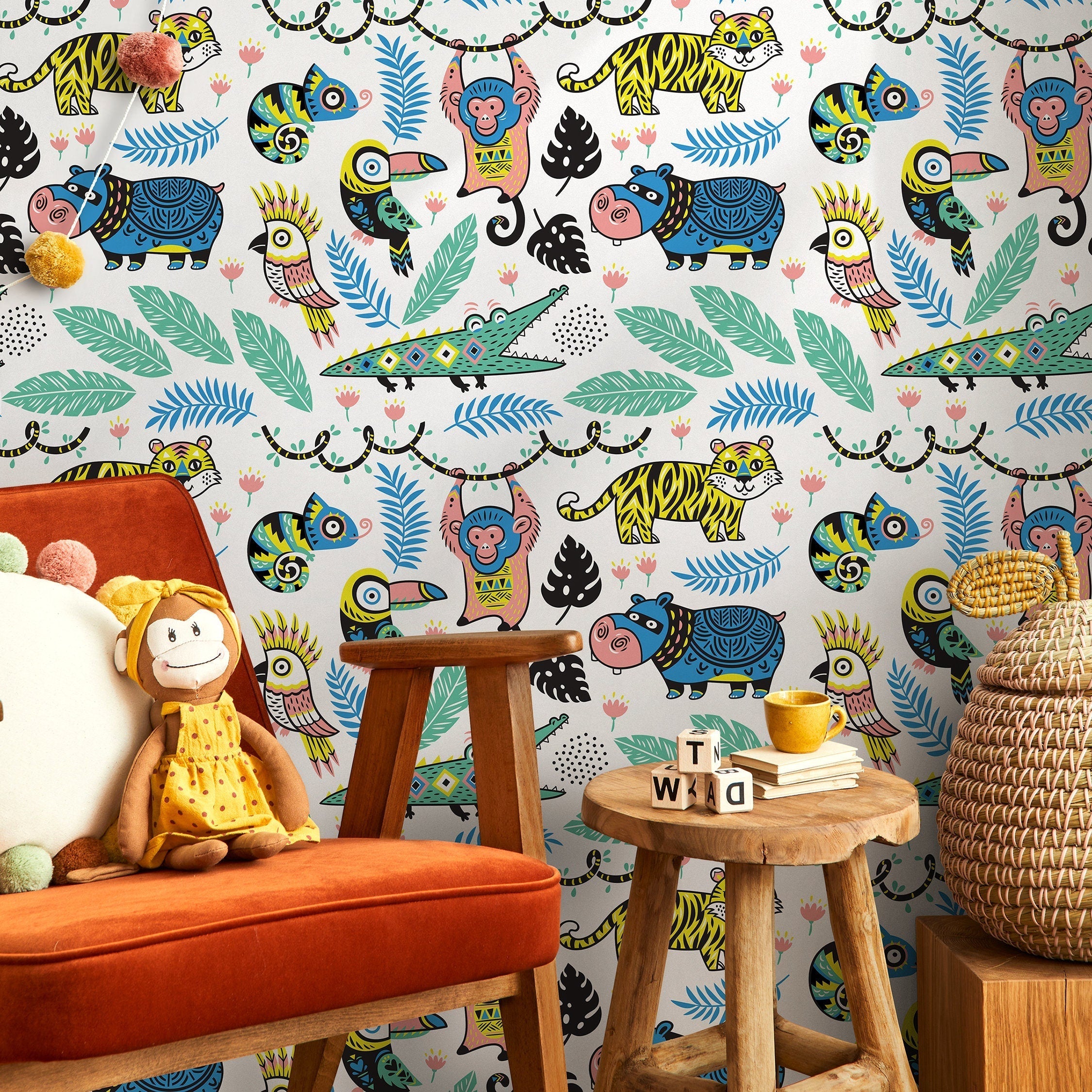 Jungle Wallpaper Featuring Cartoon Jungle Animals In Yellow, Blue, And Green - A095
