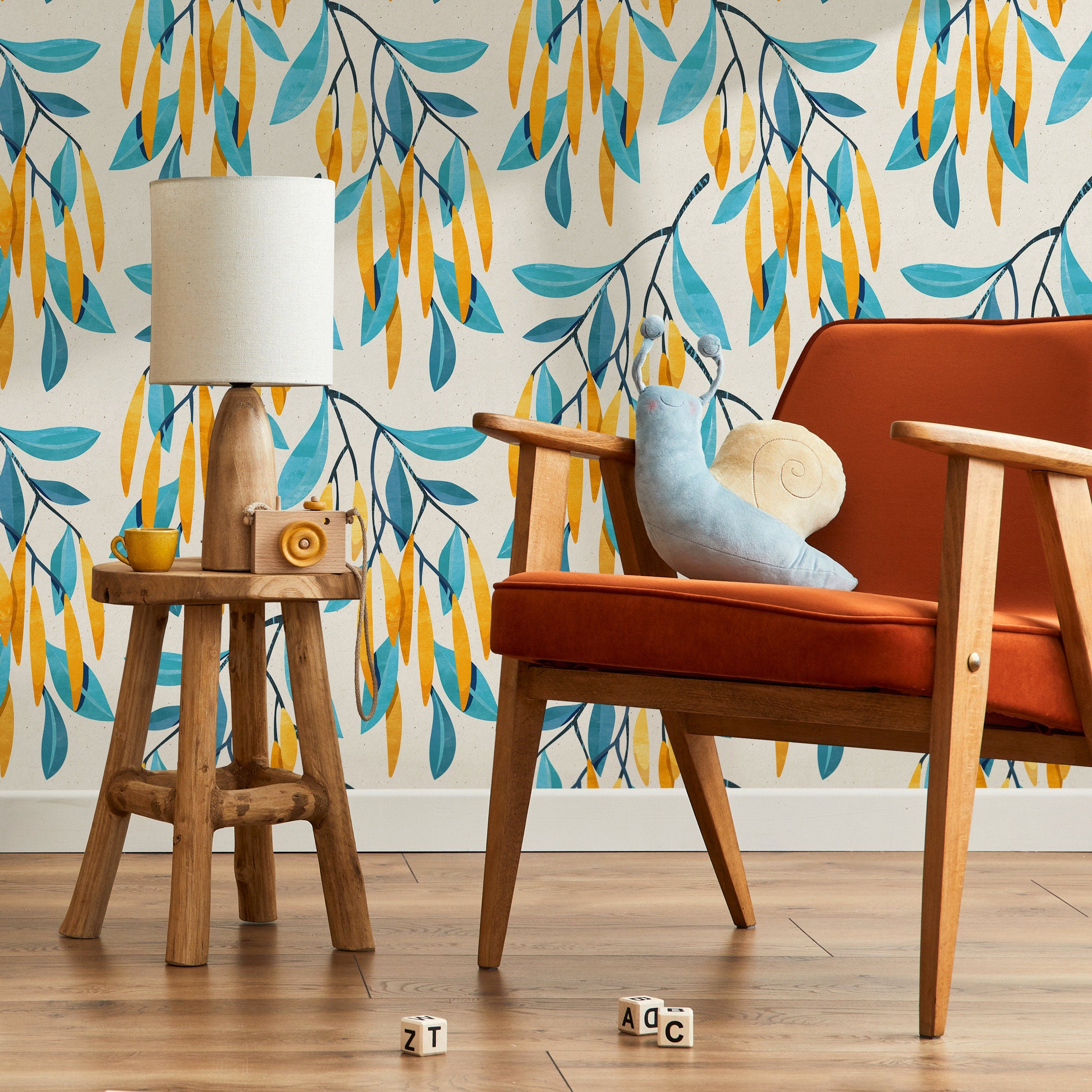 Botanical Wallpaper With Stylized Hanging Leaves In Teal, Yellow, And Blue - A098