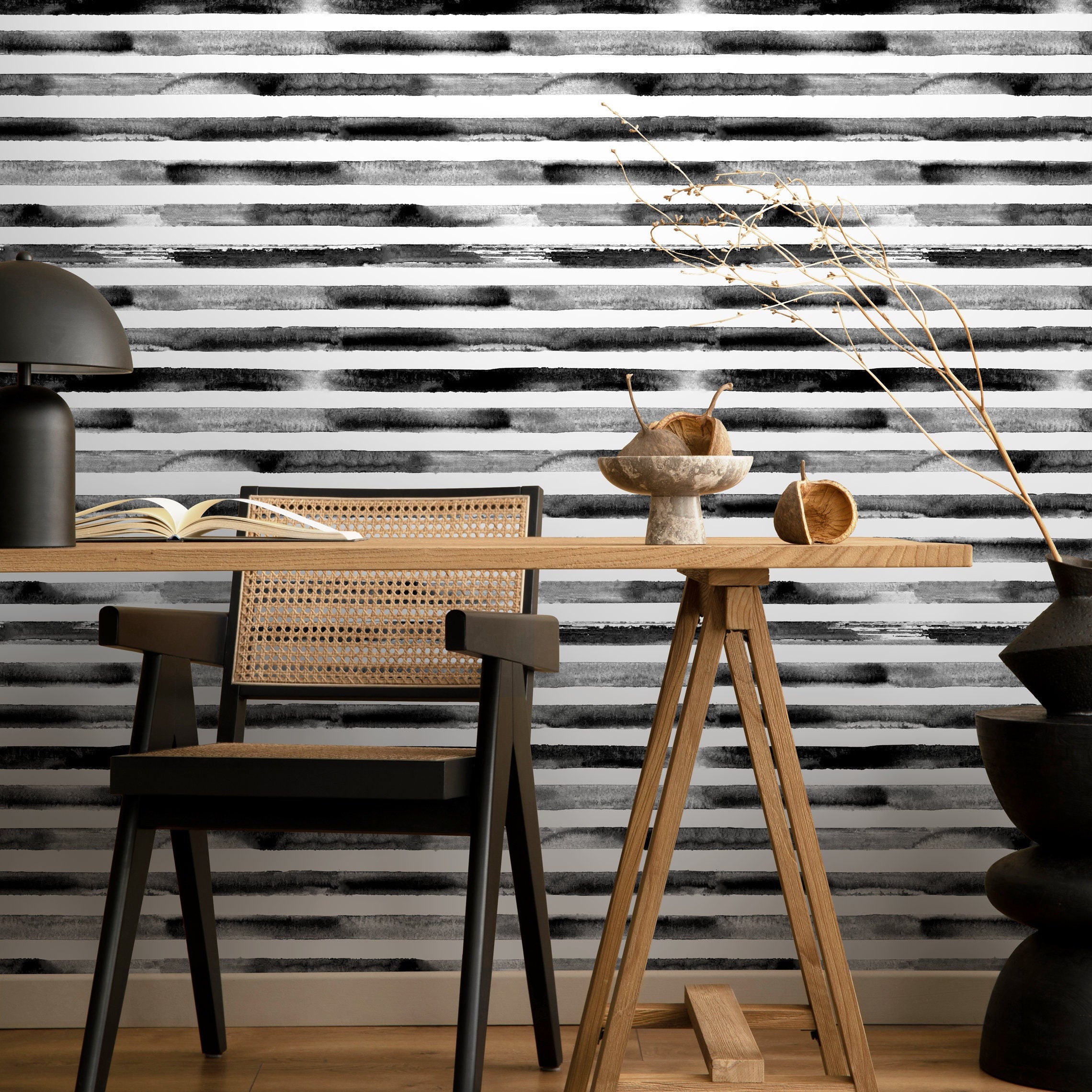 Striped Wallpaper Featuring Watercolor Brushstrokes In Black And White - A247