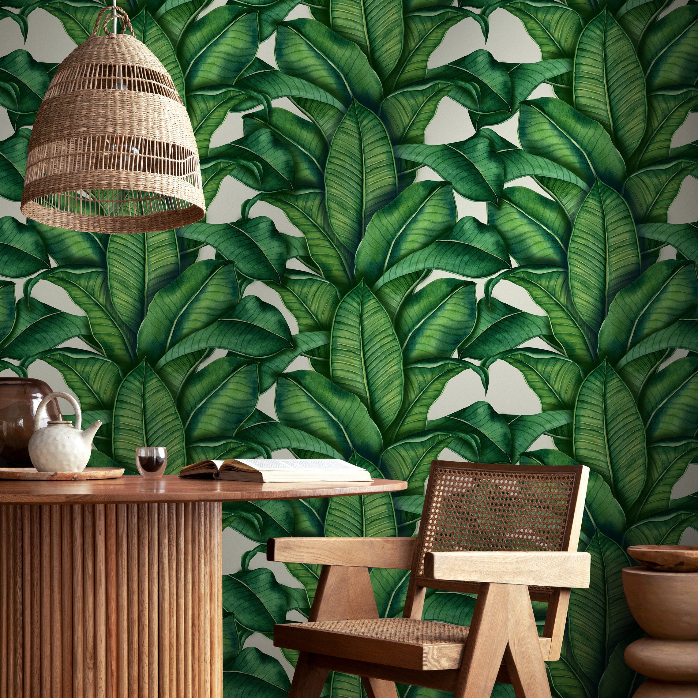 Tropical Wallpaper Featuring Lush Banana Leaves In Green - A256