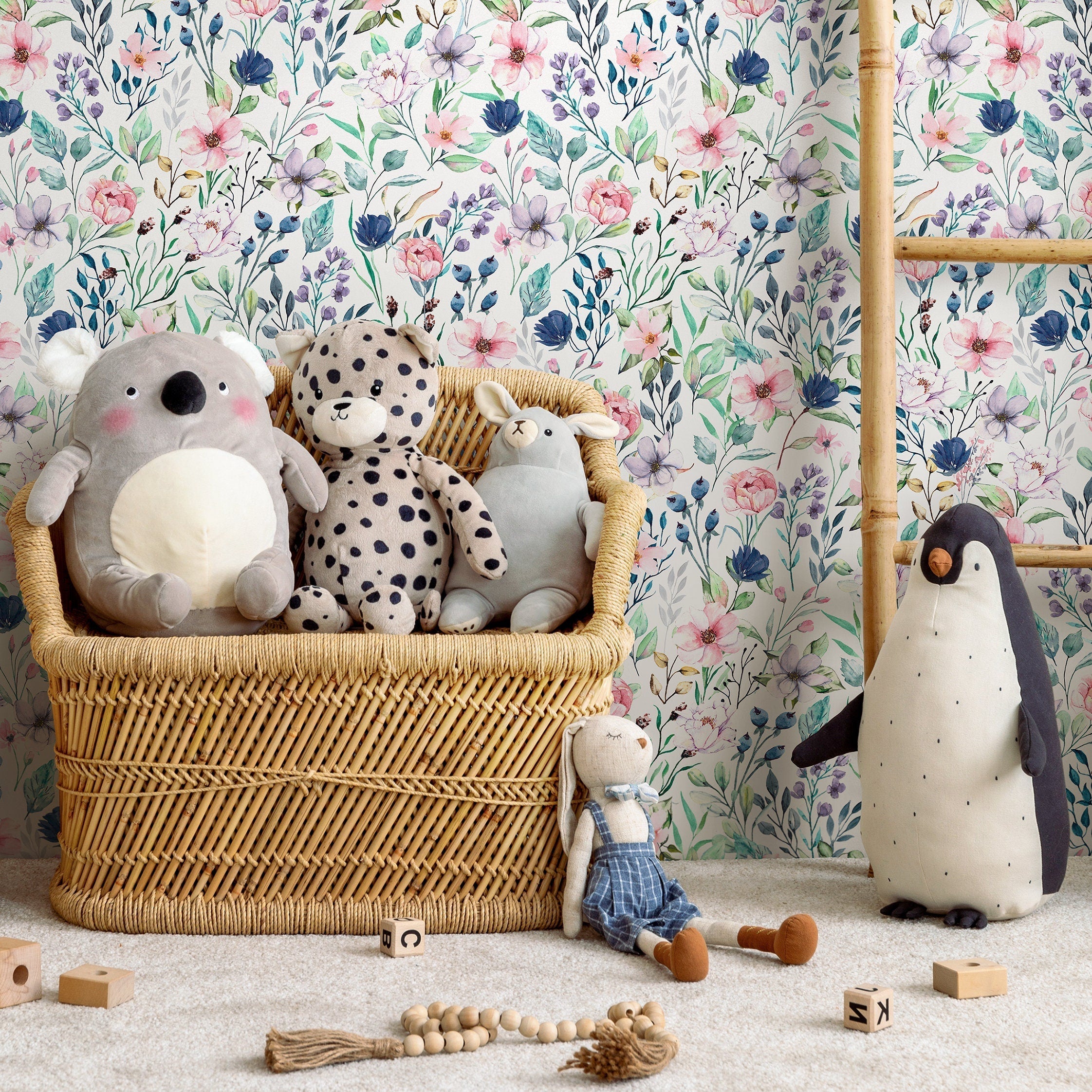 Floral Wallpaper With Watercolor Wildflowers In Pink, Blue, And Purple - A711