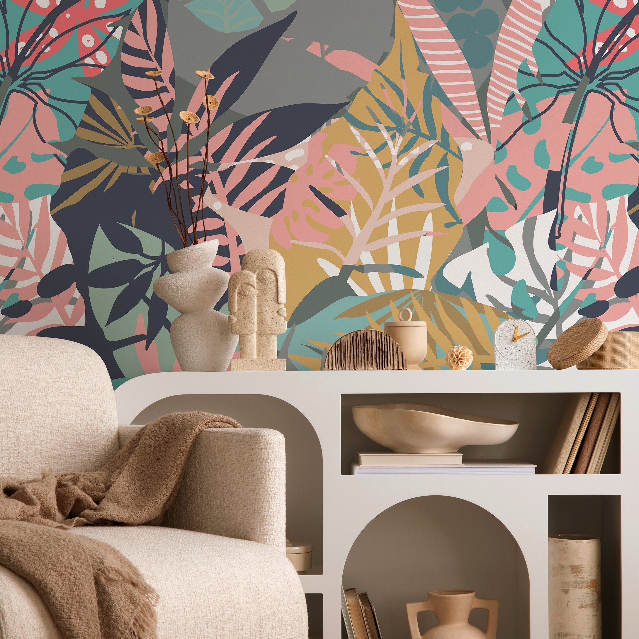 Botanical Wallpaper Featuring Stylized Tropical Leaves In Teal, Pink, And Gold - A712
