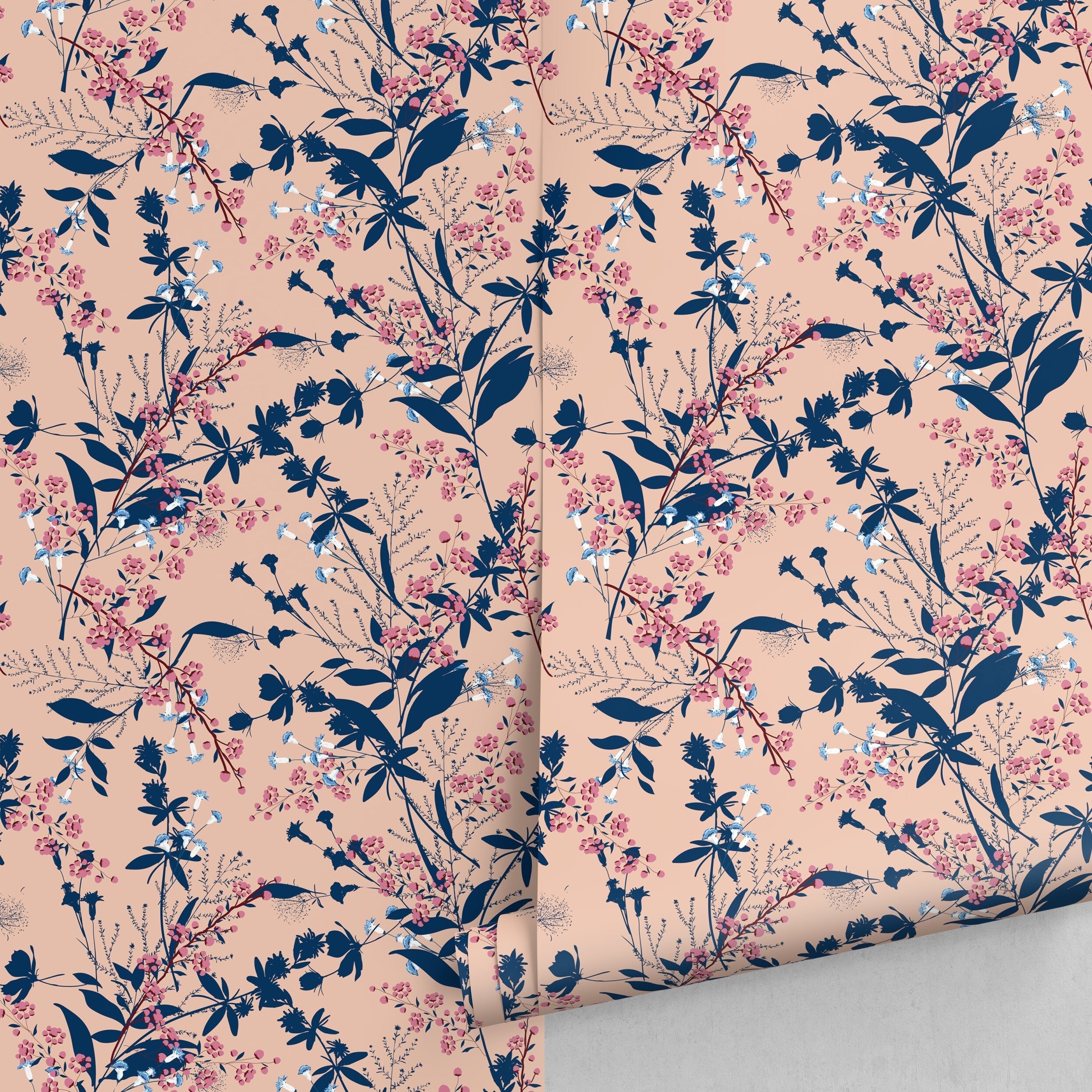 Botanical Wallpaper With Delicate Wildflowers In Navy Blue, Pink, And Beige - A826