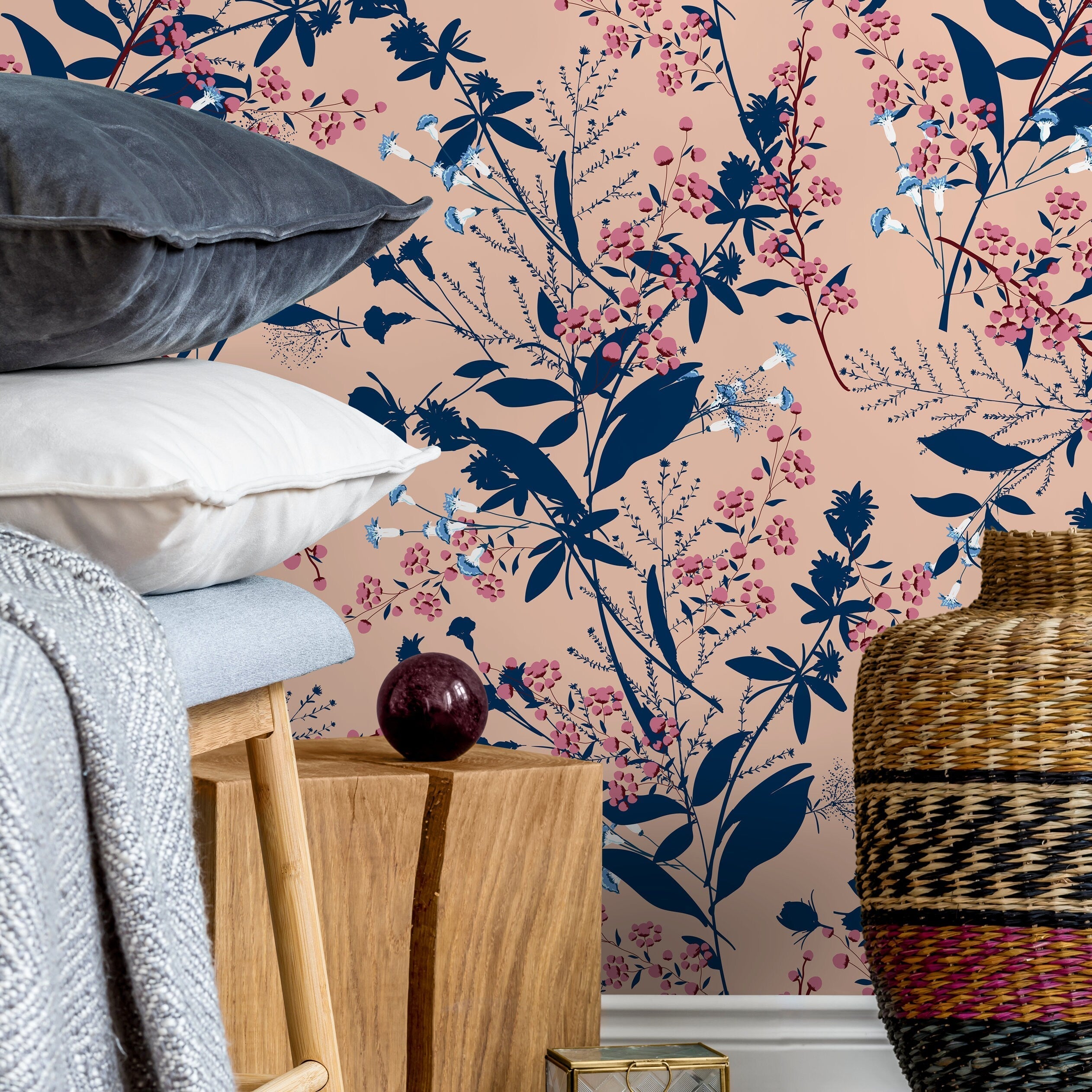 Botanical Wallpaper With Delicate Wildflowers In Navy Blue, Pink, And Beige - A826