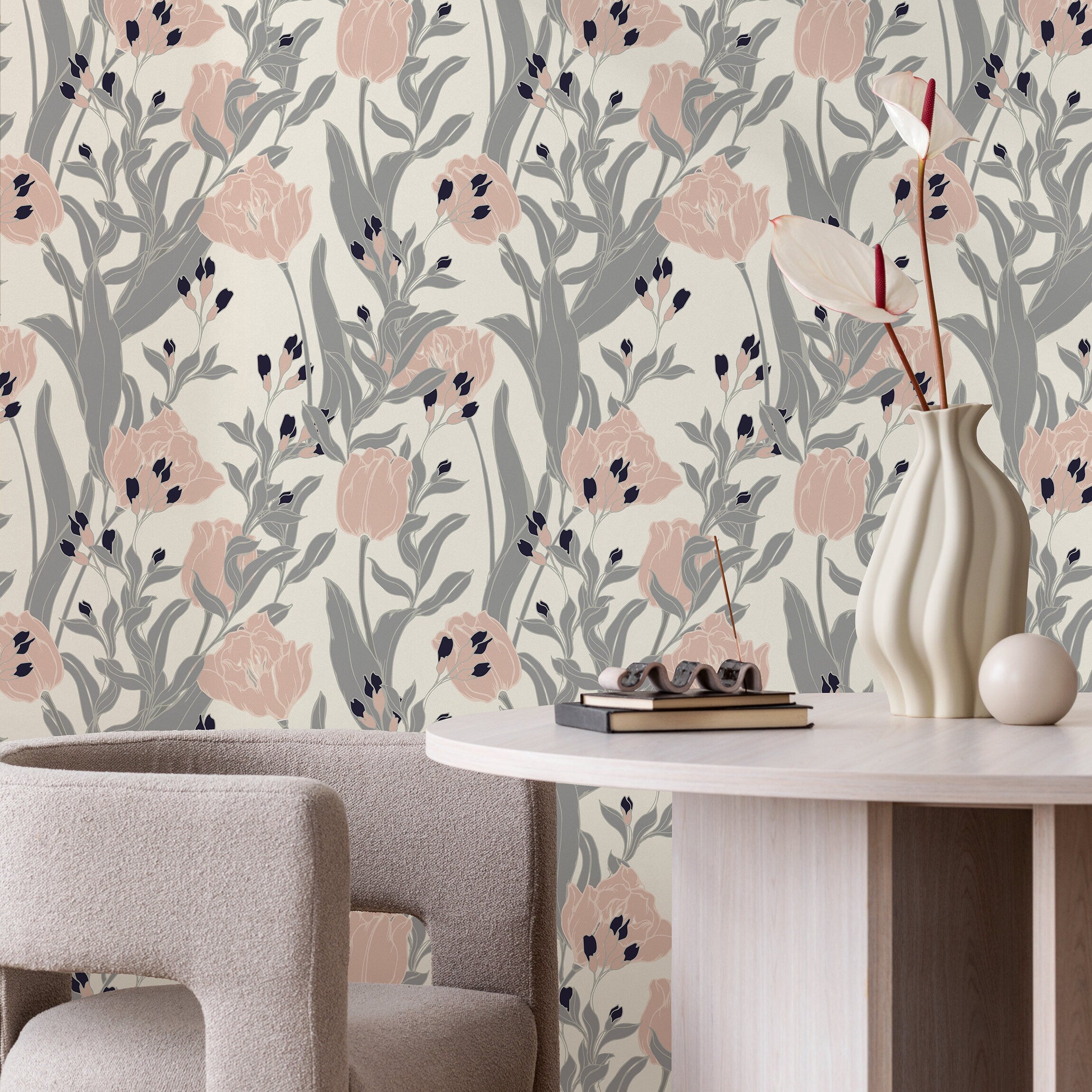 Floral Wallpaper Featuring Stylized Tulips In Pink, Grey, And Blue - A829