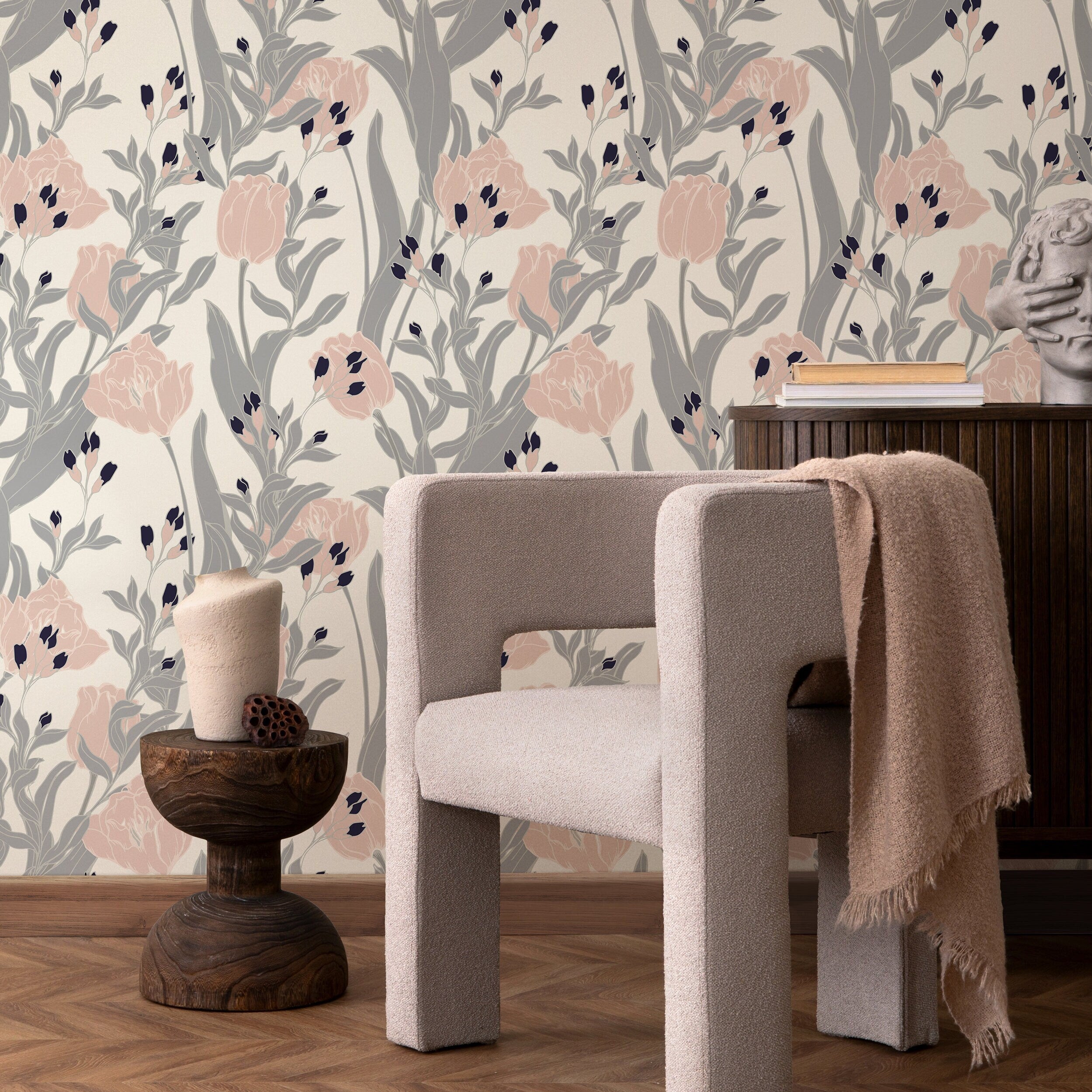 Floral Wallpaper Featuring Stylized Tulips In Pink, Grey, And Blue - A829