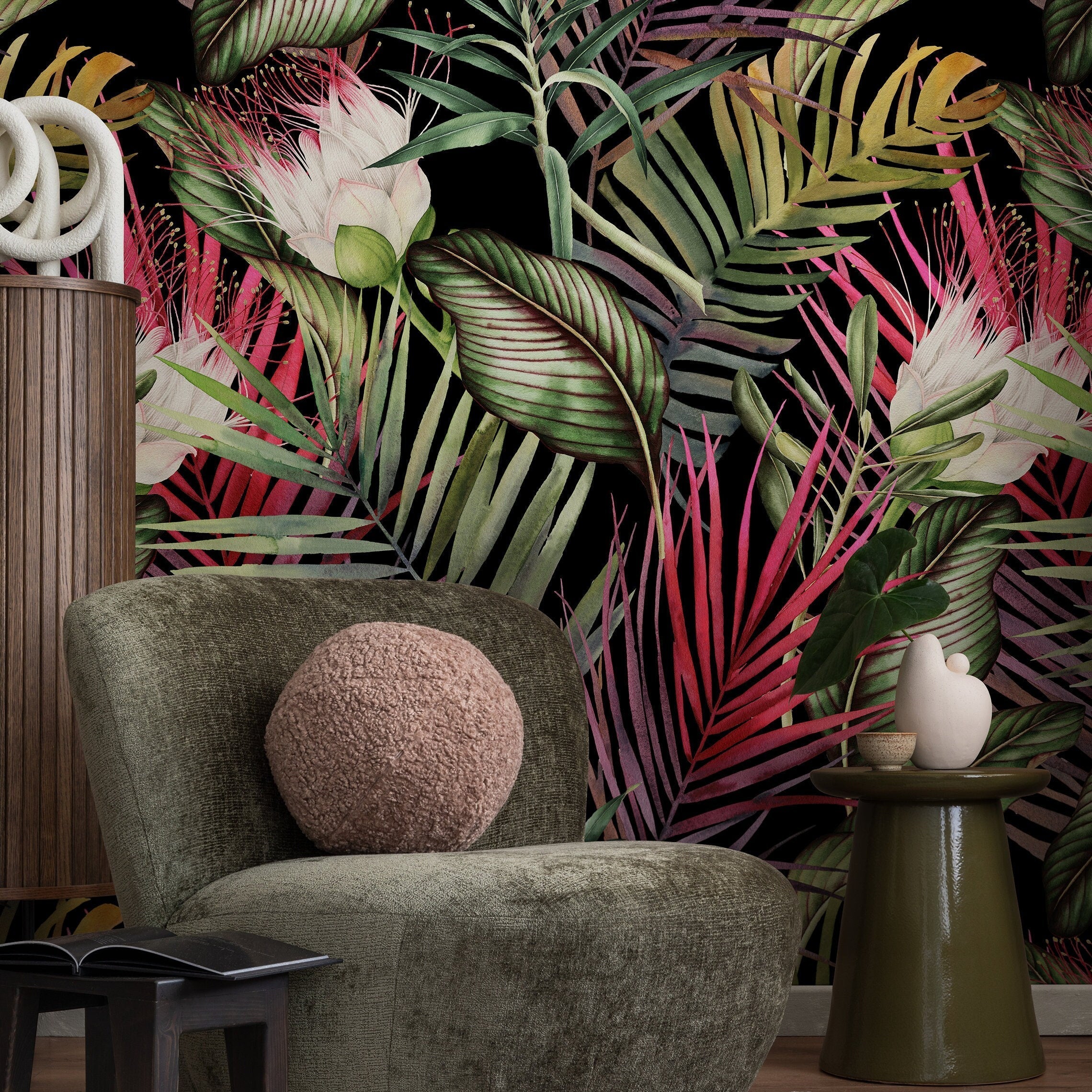 Tropical Wallpaper With Lush Jungle Foliage In Black, Green, And Pink - A835