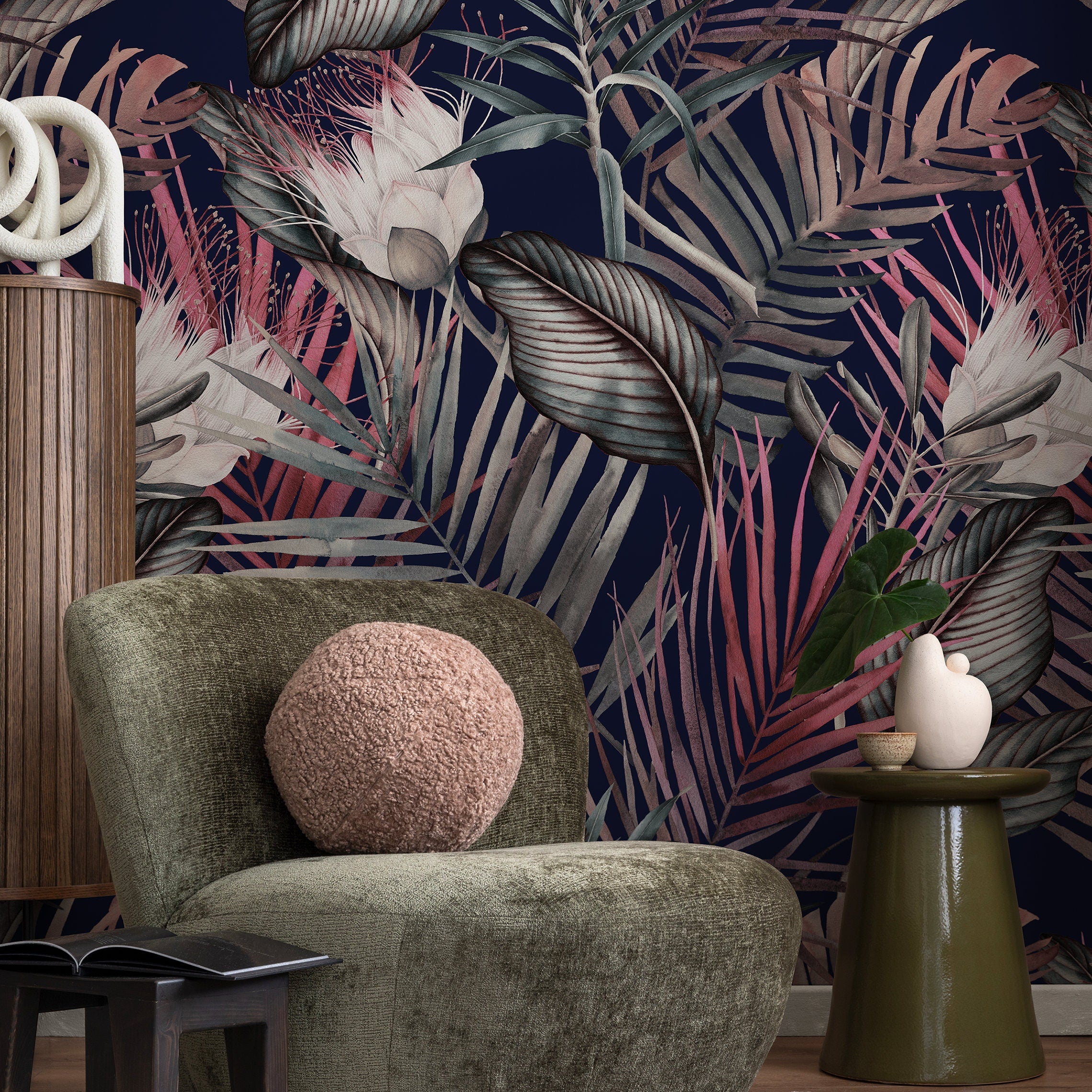 Tropical Wallpaper With Moody Jungle Leaves And Flowers In Navy, Pink, And Grey - A836