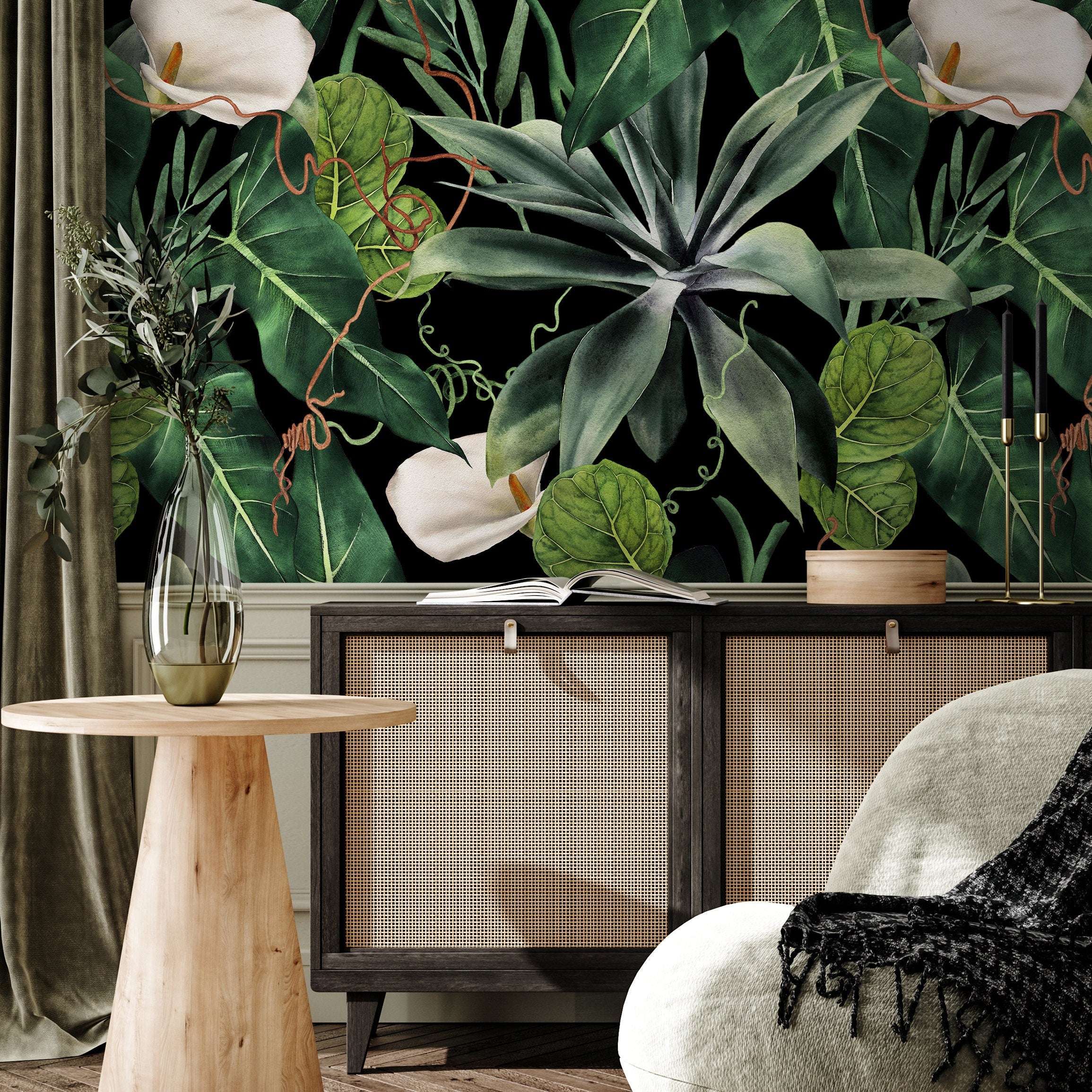 Botanical Wallpaper With Calla Lilies And Lush Leaves In Green, White, And Black - A843