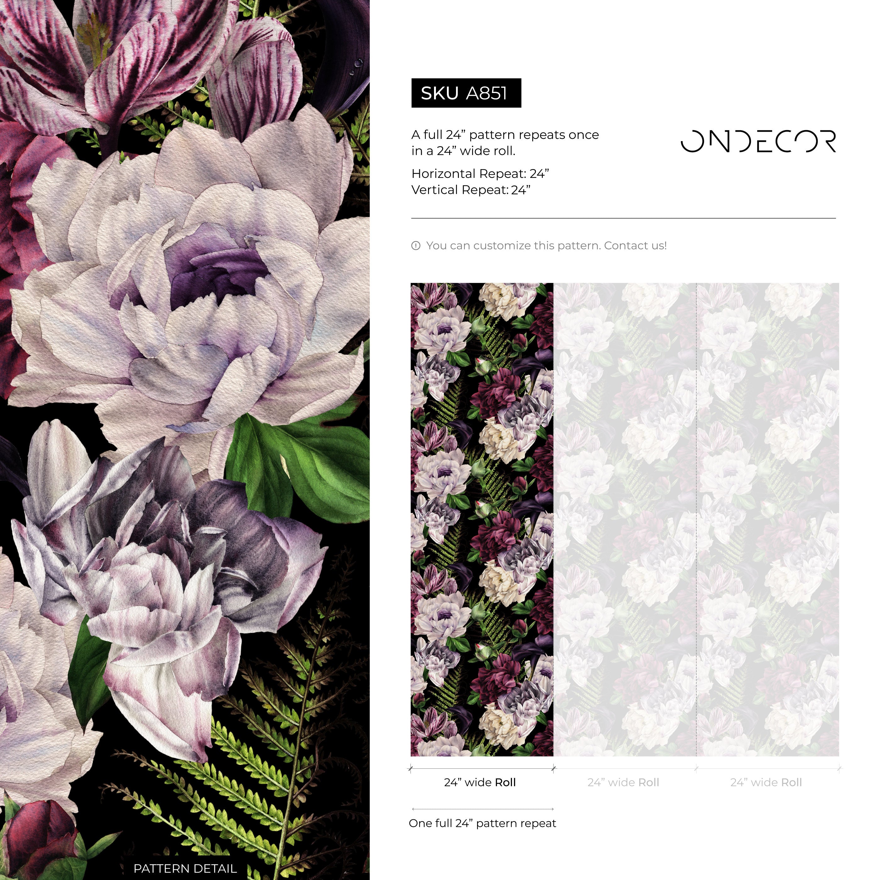 Floral Wallpaper Featuring Large Peonies In Purple, White, And Green - A851