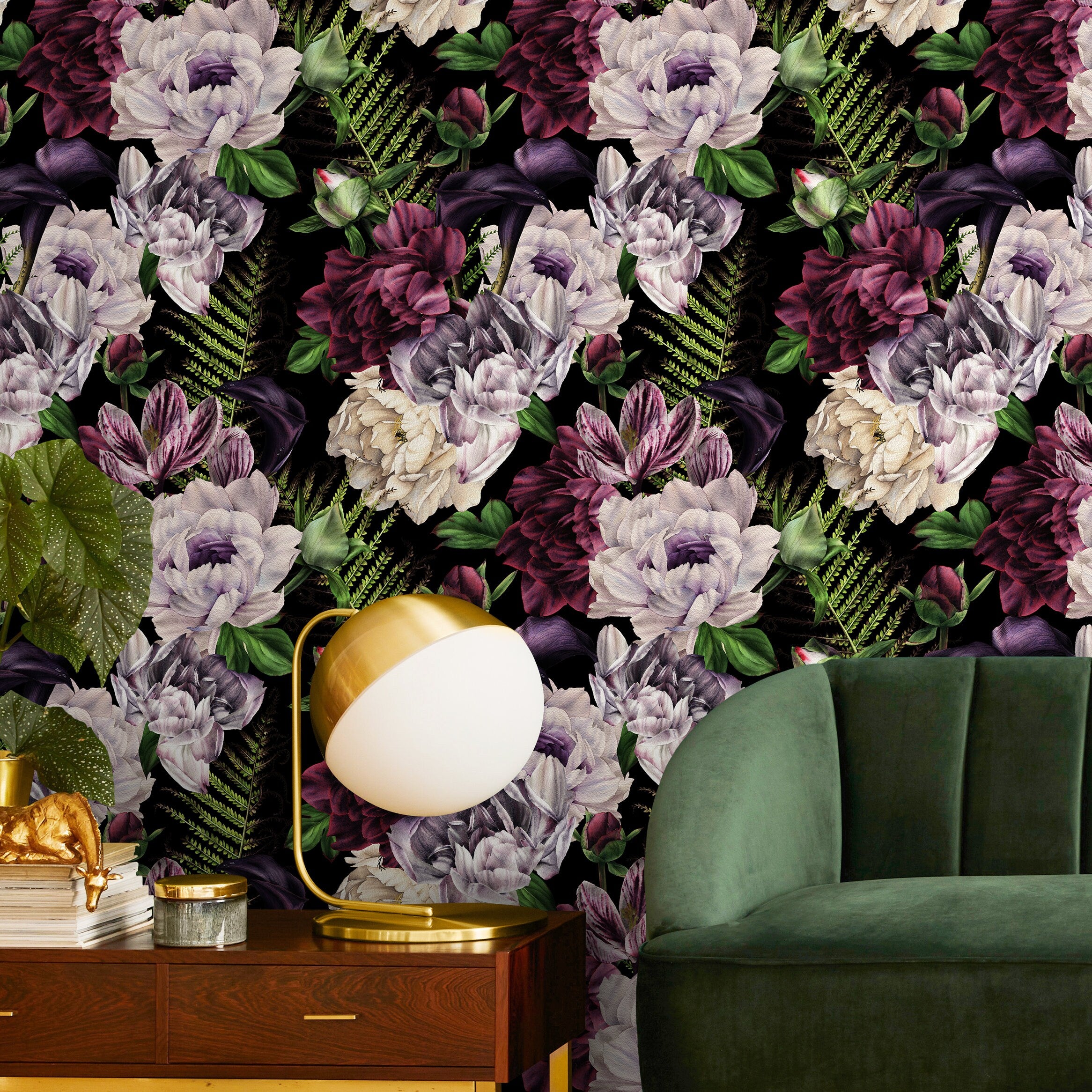 Floral Wallpaper Featuring Large Peonies In Purple, White, And Green - A851