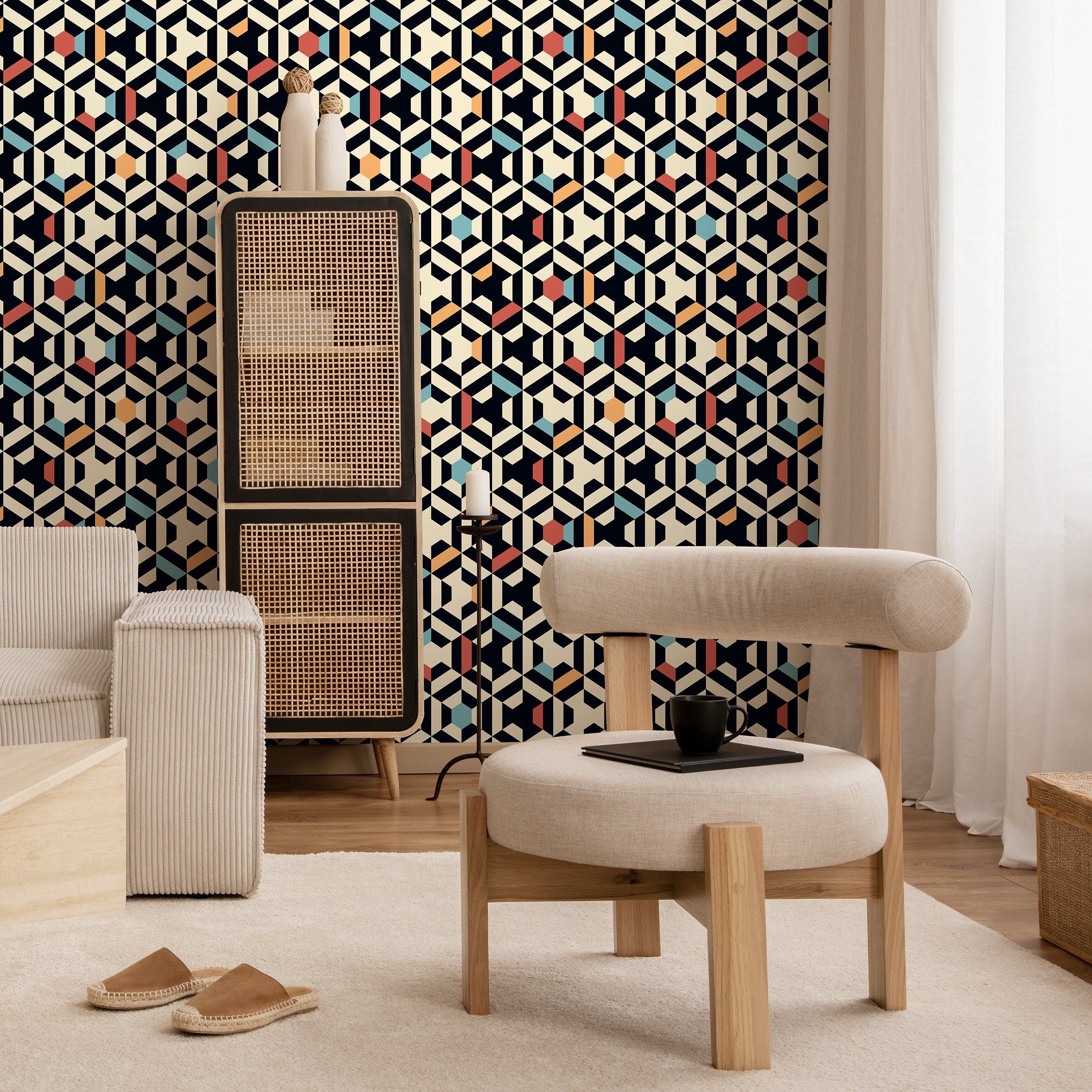 Geometric Wallpaper With A 3d Block Motif In Black, Blue, And Orange - A859