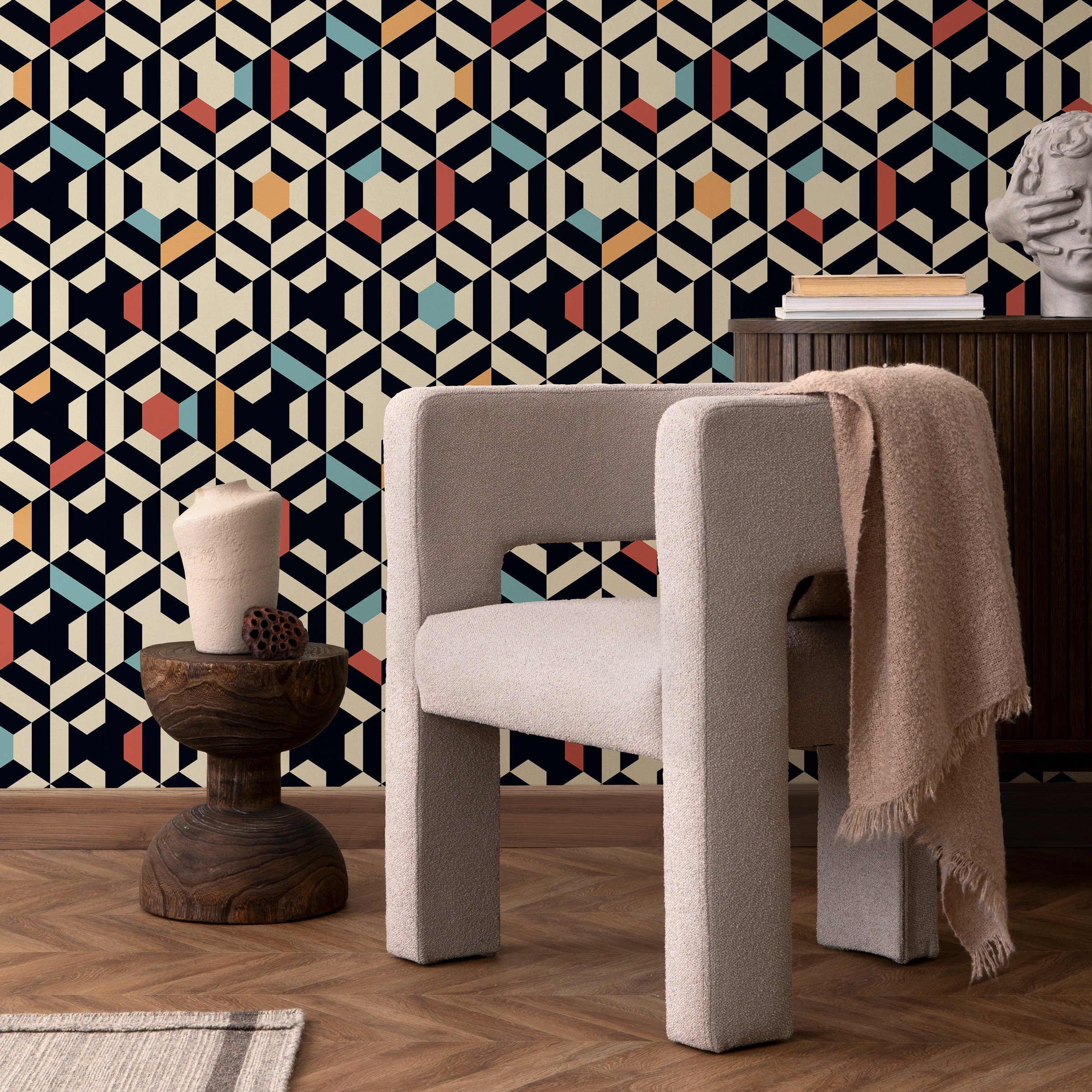 Geometric Wallpaper With A 3d Block Motif In Black, Blue, And Orange - A859