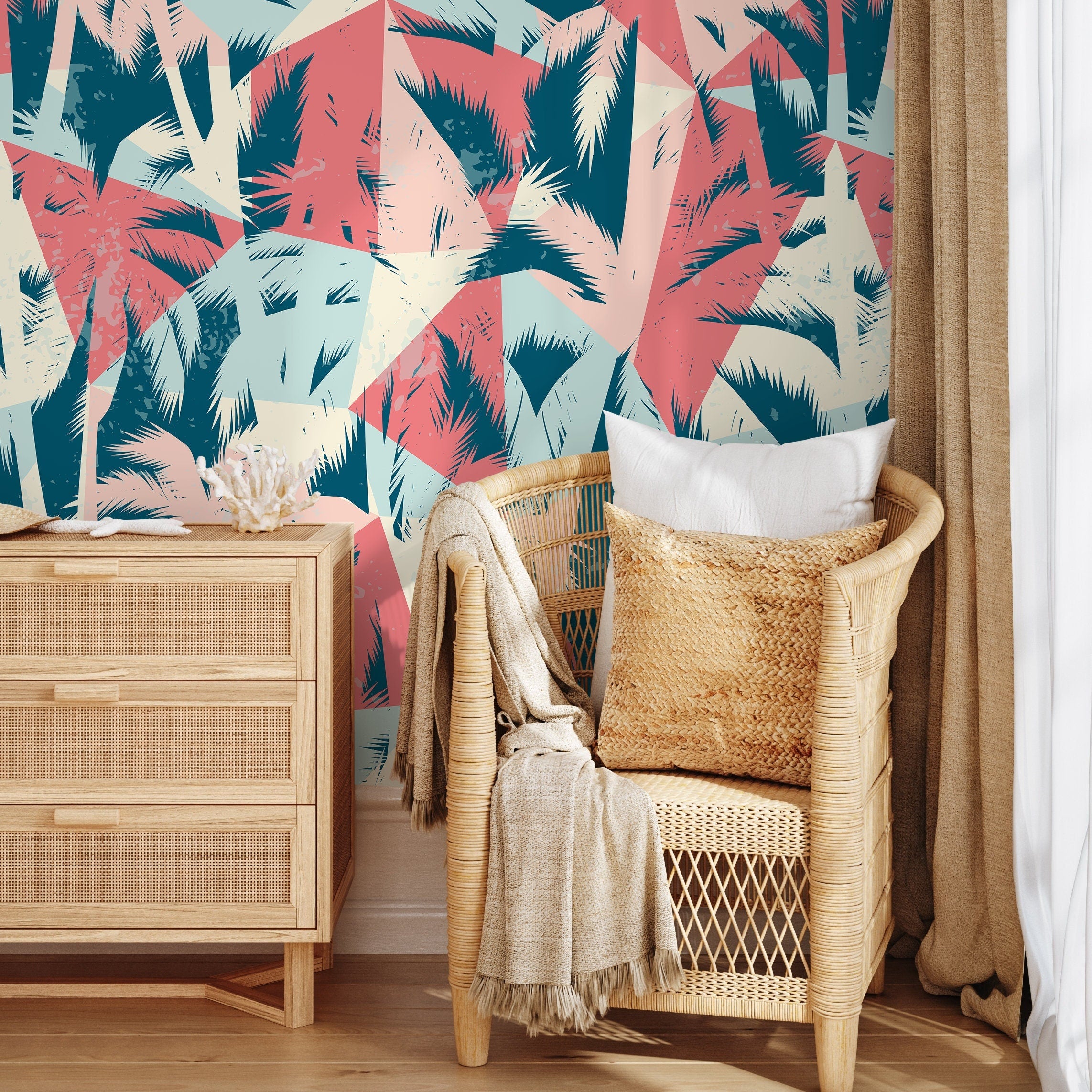 Tropical Wallpaper With A Geometric Palm Collage In Teal, Coral, And Light Blue - A863