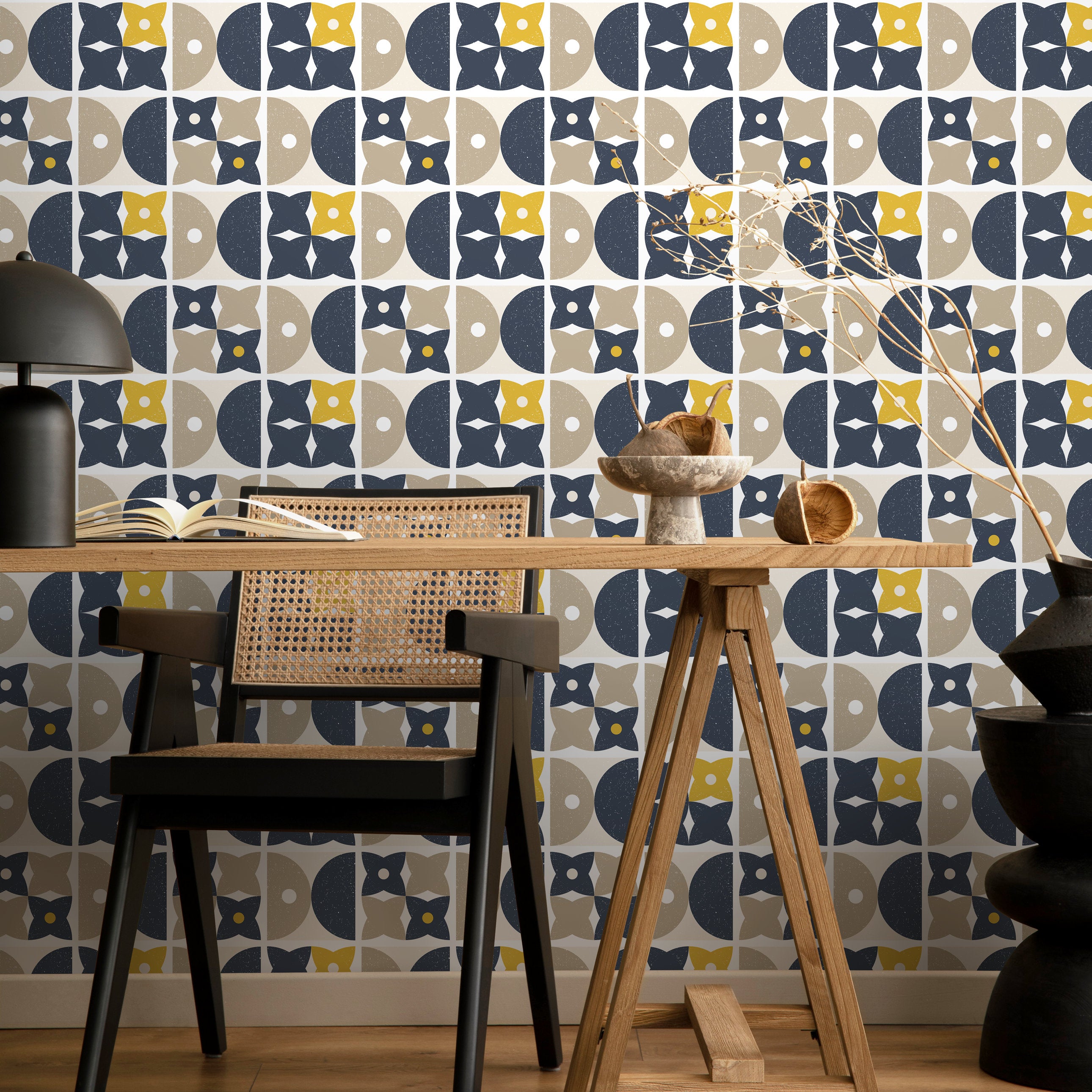 Geometric Wallpaper With A Retro Tiled Pattern In Navy Blue, Yellow, And Beige - A866