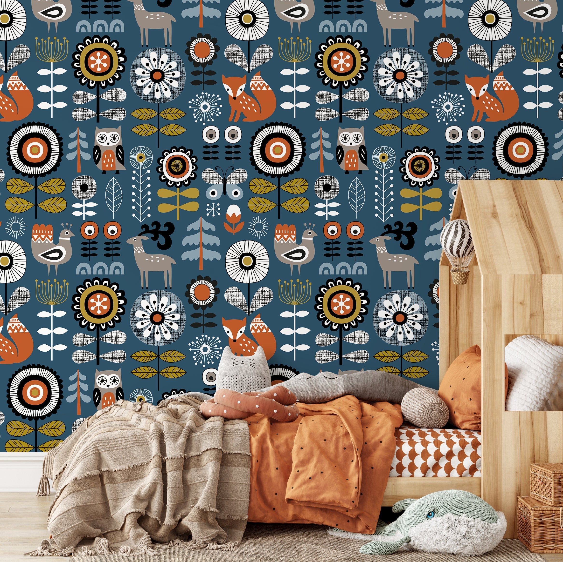 Scandinavian Wallpaper With Folk Art Woodland Animals In Blue And Orange - A867