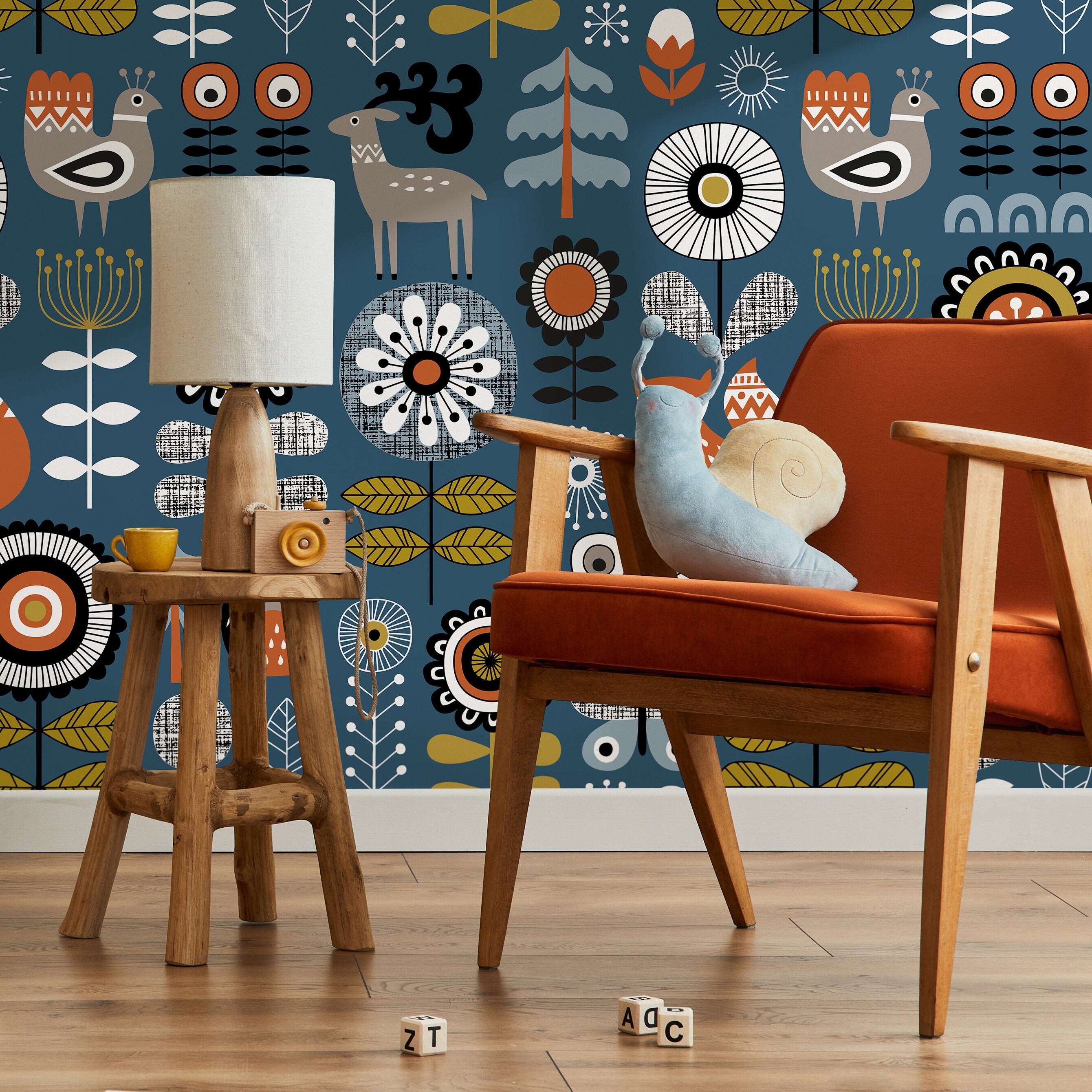 Scandinavian Wallpaper With Folk Art Woodland Animals In Blue And Orange - A867