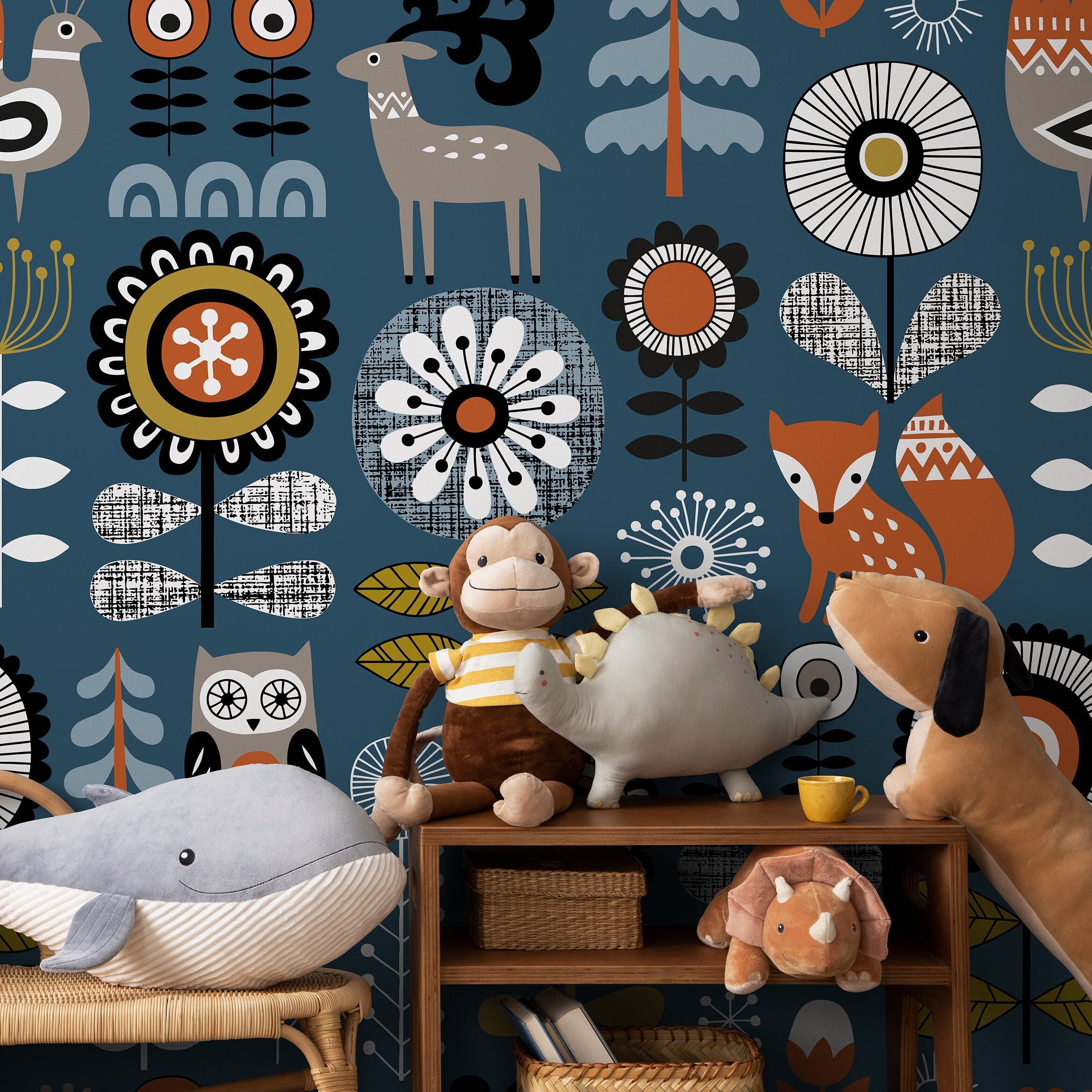 Scandinavian Wallpaper With Folk Art Woodland Animals In Blue And Orange - A867