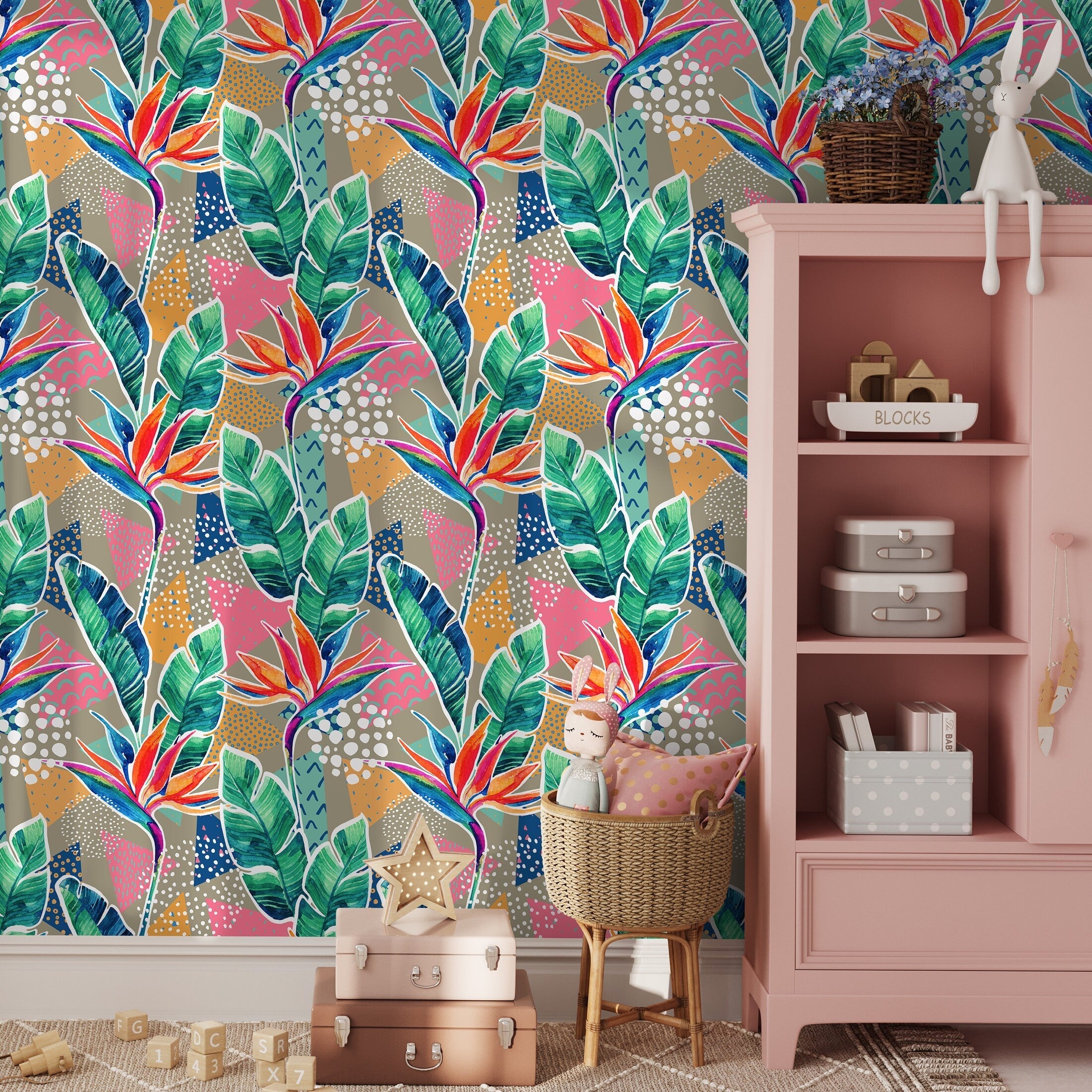 Botanical Wallpaper With Bird Of Paradise In Green, Pink, And Orange - A869
