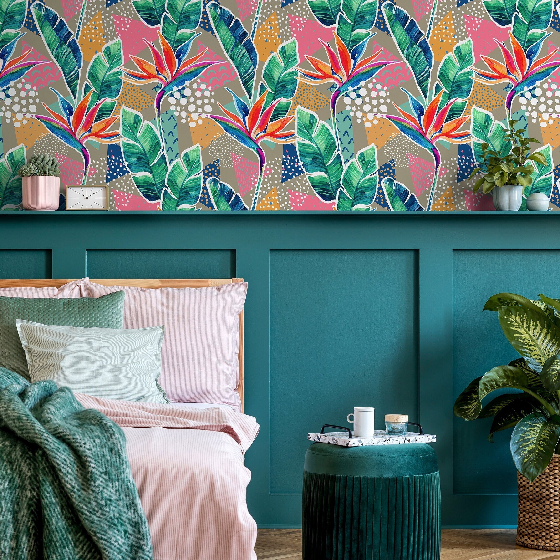 Botanical Wallpaper With Bird Of Paradise In Green, Pink, And Orange - A869