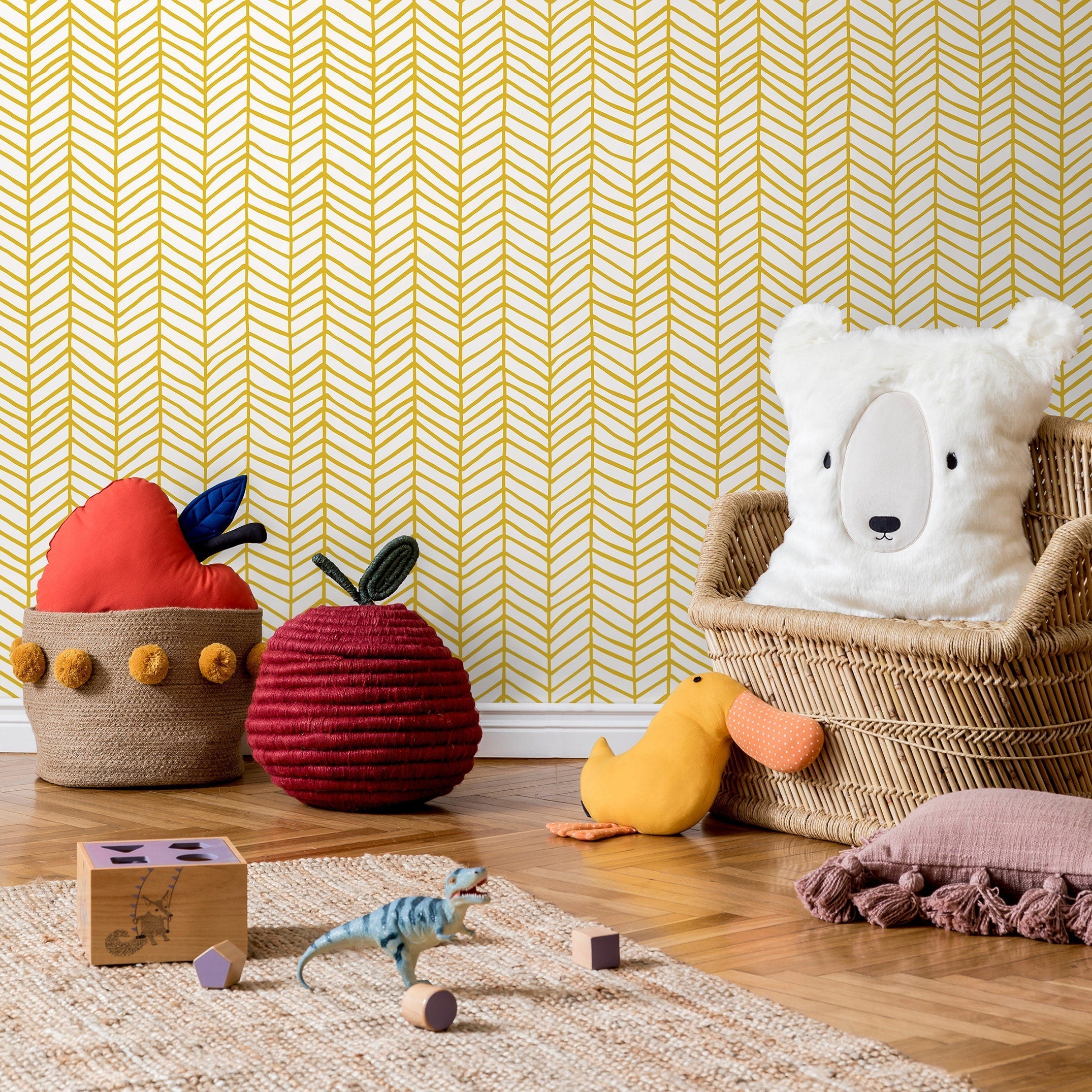 Herringbone Wallpaper With A Hand-drawn Motif In Yellow - A052