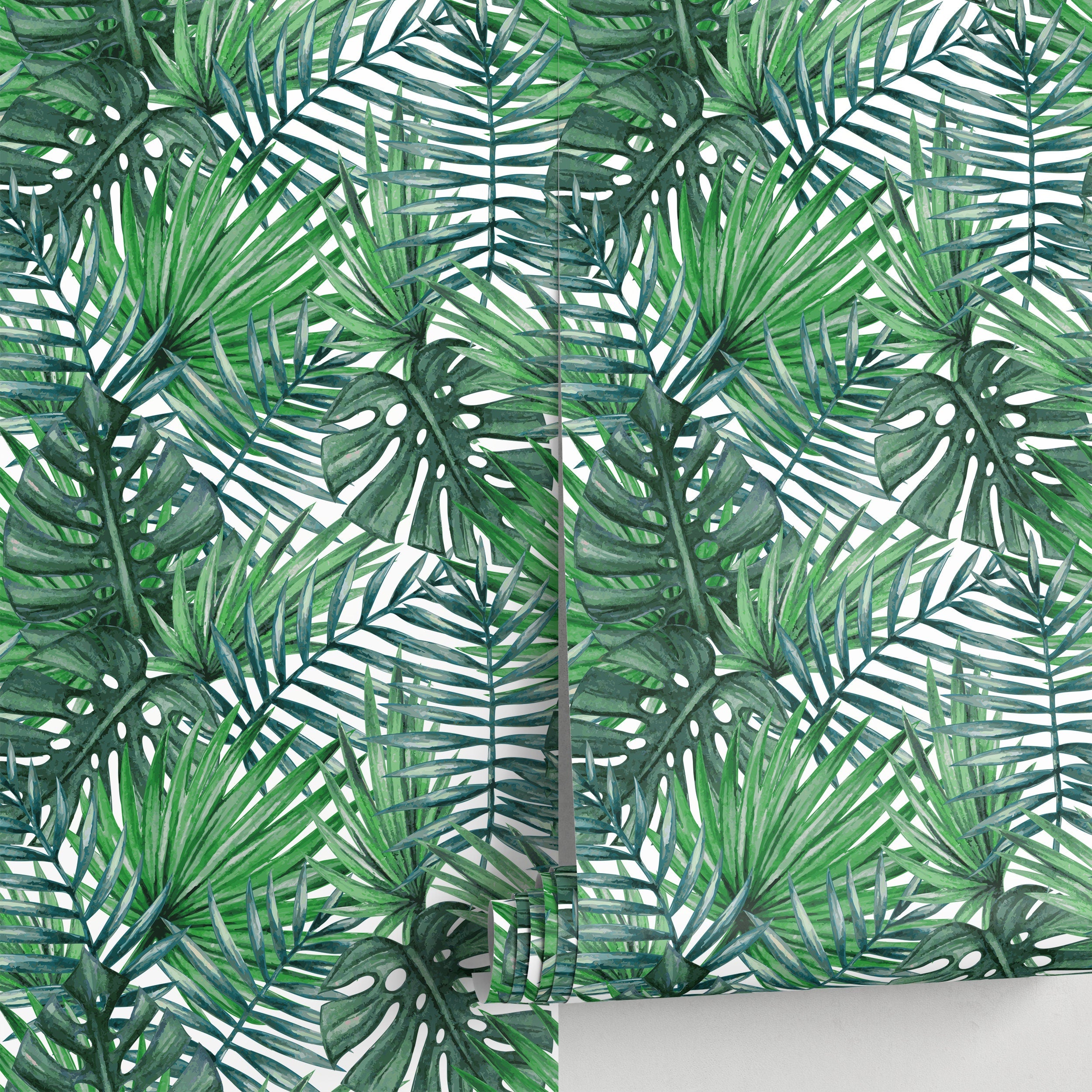 Tropical Wallpaper With Monstera And Palm Leaves In Green - A101