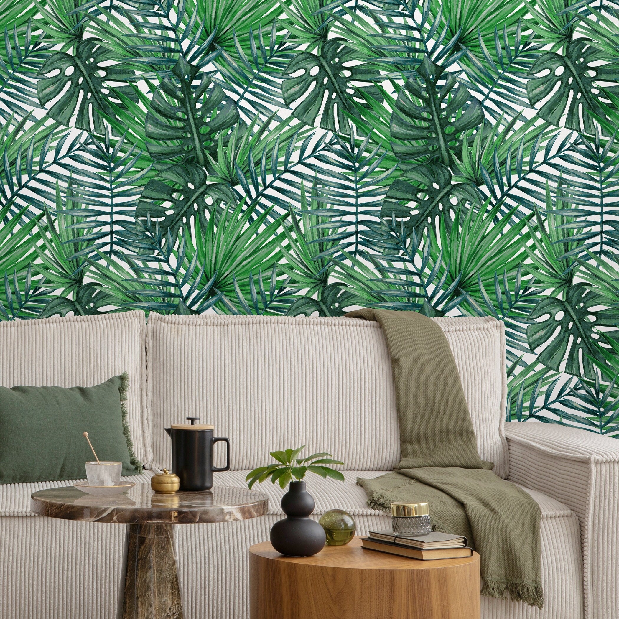 Tropical Wallpaper With Monstera And Palm Leaves In Green - A101