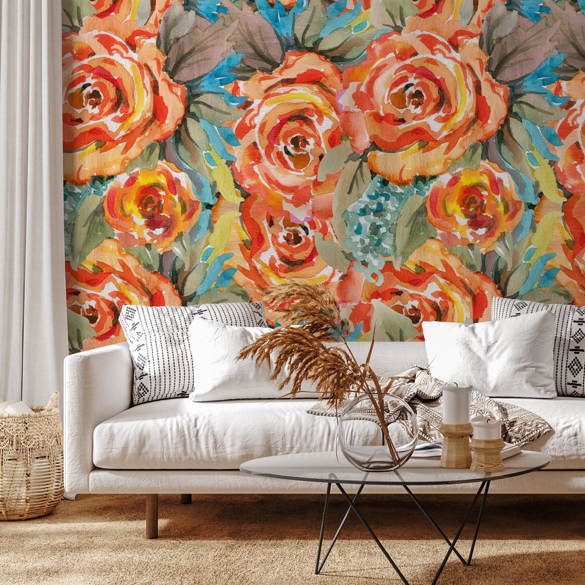 Floral Wallpaper Featuring Abstract Watercolor Roses In Orange, Yellow, And Blue - A103