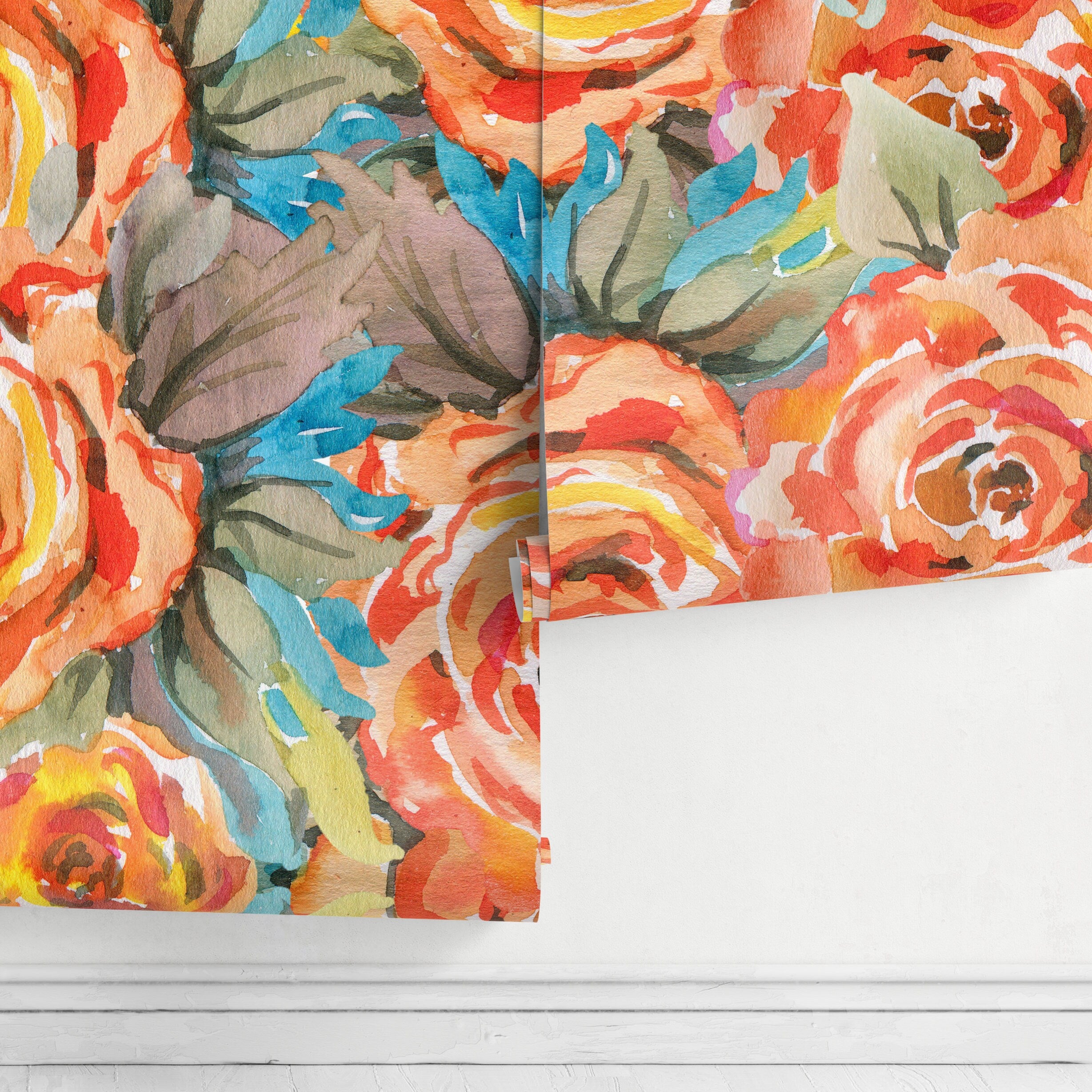 Floral Wallpaper Featuring Abstract Watercolor Roses In Orange, Yellow, And Blue - A103
