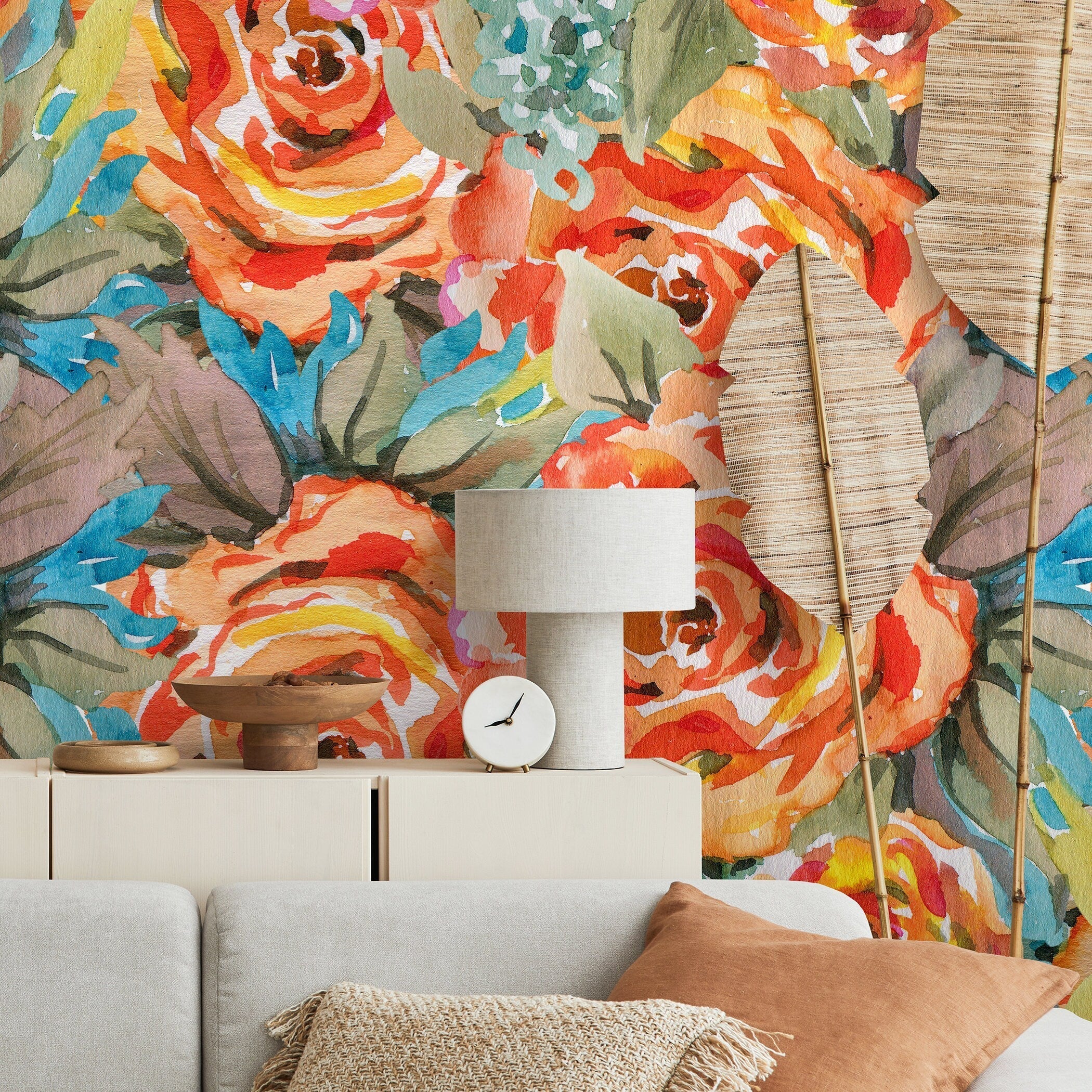 Floral Wallpaper Featuring Abstract Watercolor Roses In Orange, Yellow, And Blue - A103